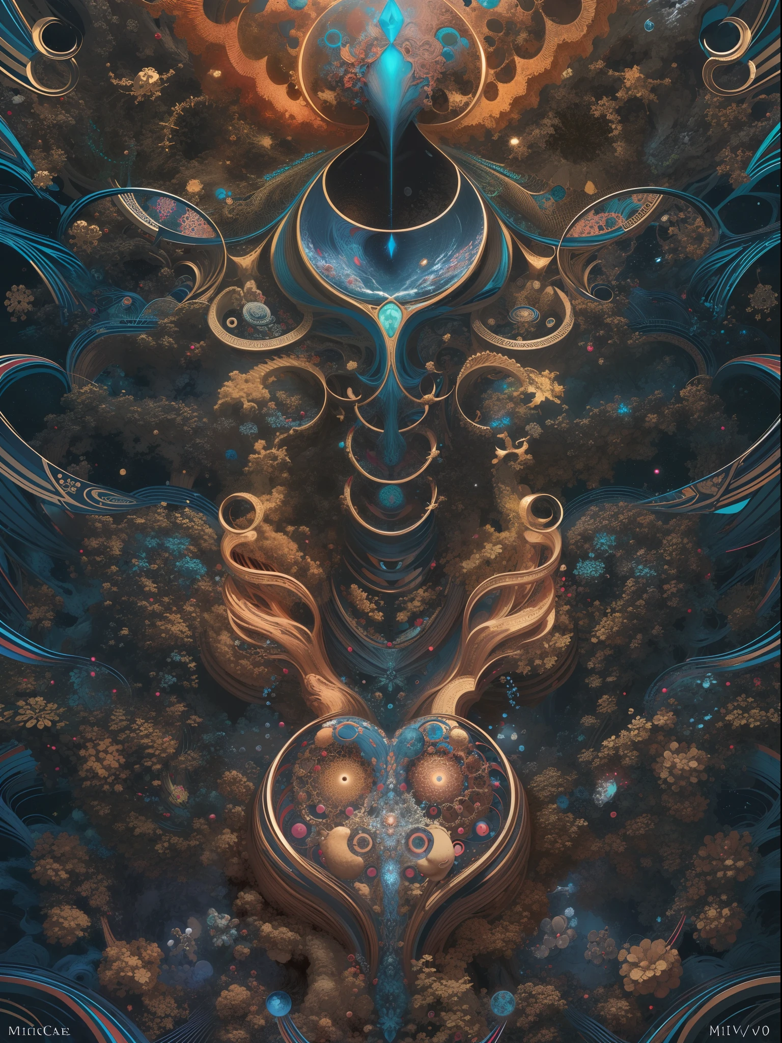 Gigante fractalico, Fractal infinito,fractal de Mandelbrot, divino, Figura imponente humanoide, masivo,escala masiba, mirando hacia abajo, de pie, inmenso, apocalyptic, colorido, iridiscente, obra maestra, 4k-resolution, detalles intrincados, dios,divino,ente superios echo de fractales,figuara imposible,geometria unica,