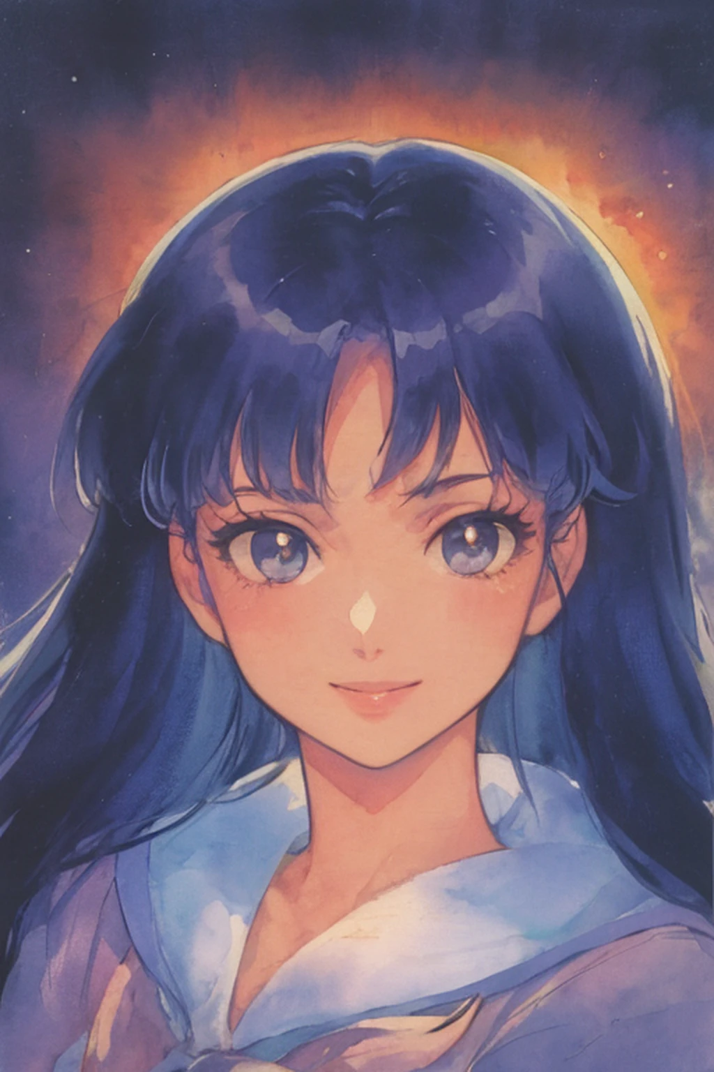 takama akemi, 1980s \(style\), painting \(medium\), retro artstyle, watercolor \(medium\), beautiful, masterpiece, best quality,
detailed face, perfect lighting, 1girl, solo, rainbow hair, magical girl,
smile, messy bangs, sky, stars, sun, twilight,