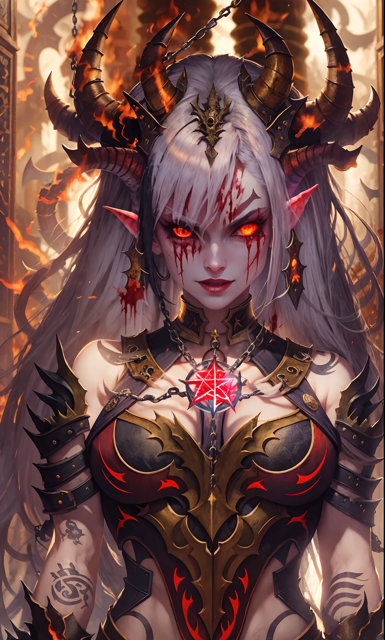 Movie CG,  Tiflin, Female devil，disheed hair，Shogun，Peerless beauty，teens girl，(king of hell)，Demon King，Tattooed with，the scars，Pitch-black heavy armor，blood splattere，It has gold etching on it, (paleskin), blood spatter, horns on head,succubi, Cruel laughter，(Burning red eyes), , Red-blooded pentagram, Glowing Grimmore closes, summoning circle, Rusty chains, The illuminated temple of Satan, Lens flare, Axis,   intricately details, Highly detailed, voluminetric lighting, 4K rendering, stockphoto, Ultra photo realsisim, Lifelike texture, Dramatic lighting, illusory engine