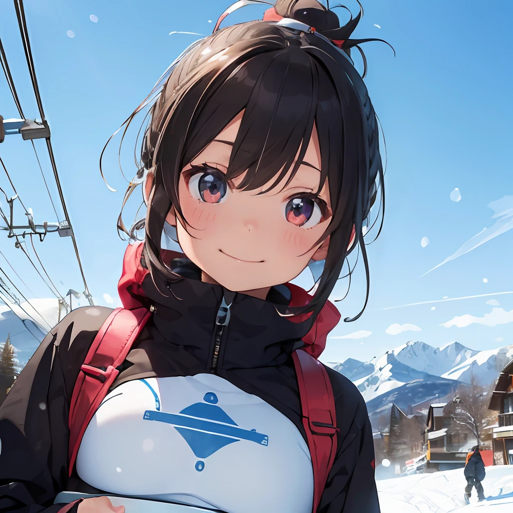 masutepiece, Best Quality, 8K_Wallpaper, (Beautiful eyes), ((Cute)), Cute, (lovely), (Ski resort on a sunny day),1girl in,small tits,1 schoolgirl、Smile,facial close-up、portlate(((a ski)))、(((snow board)))、Ski resort on a sunny day、snow board、(((Chasing the person in front of you on a snowboard)))(((Loose clothing)))