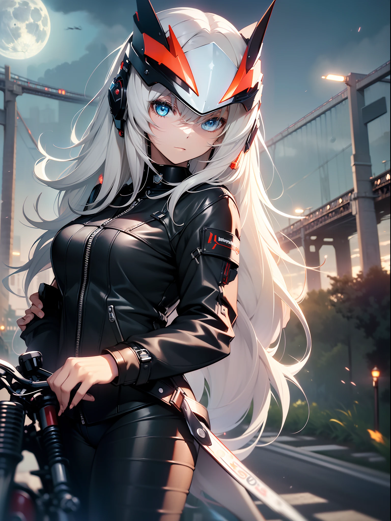 Anime,(masterpiece:1.5)(highlydetailed)(dark)(on the bridge)(under the moonlight)Holding a motorcycle，The face is dull，glowing light eyes，(full bodyesbian)(solo)(1girl)(longliverhair)(hair loops)(Wing-like bangs)(Dull hair)(leather boots)(hitman)(Lighting in the back)(white hair)(red eyes)(City Bridge)(themoon)（nylon tights）(motorcycle rider)(holding a motorcycle helmet)