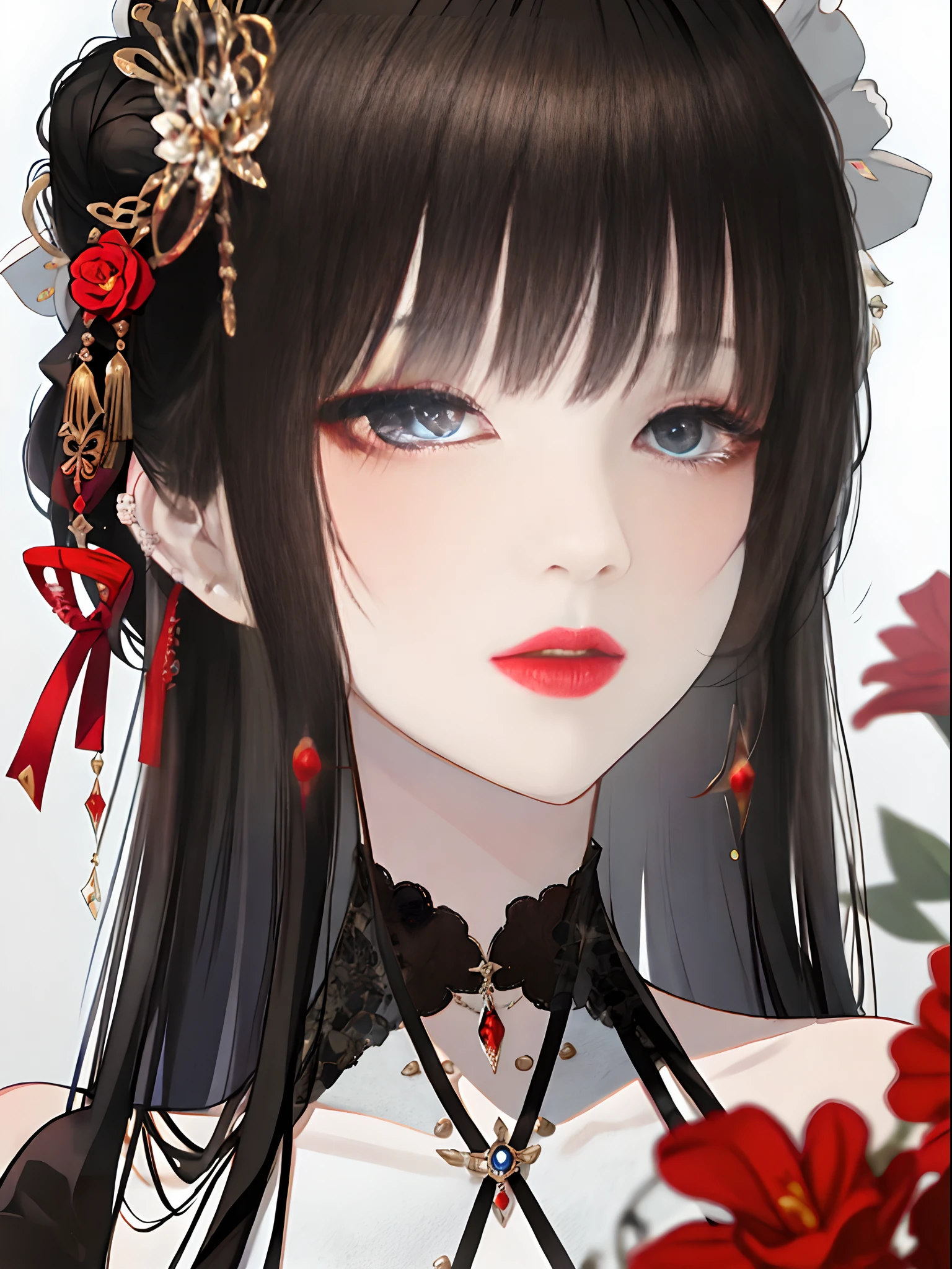 masterpiece,best quality,absurdres,original,extremely delicate and beautiful,beautiful detailed eyes and face,1girl, black hair, flower, japanese clothes, looking at viewer, red flower, solo, (shiny skin),(masterpiece:1.4),(best quality:1.4),realistic