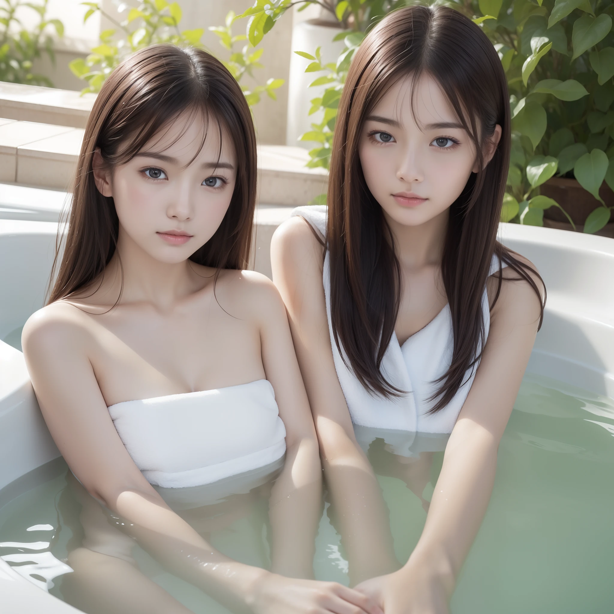 (Extremely cute girls relaxing in the sauna), Outstanding proportions, (((Two beautiful girls:1.3, ))), ((Small breasts:1.2)), Smooth body, Small and slender figure, ((Detailed eyes and face, Idol Face, Professional photography techniques)), (Perfect Anatomy), ((blush)), (Highest quality, 8K, masterpiece:1.2, RAW Photos), ((A seductive and sexy look:1.3)), (Thin towel:1.3), ((Lots of sweat)), vapor