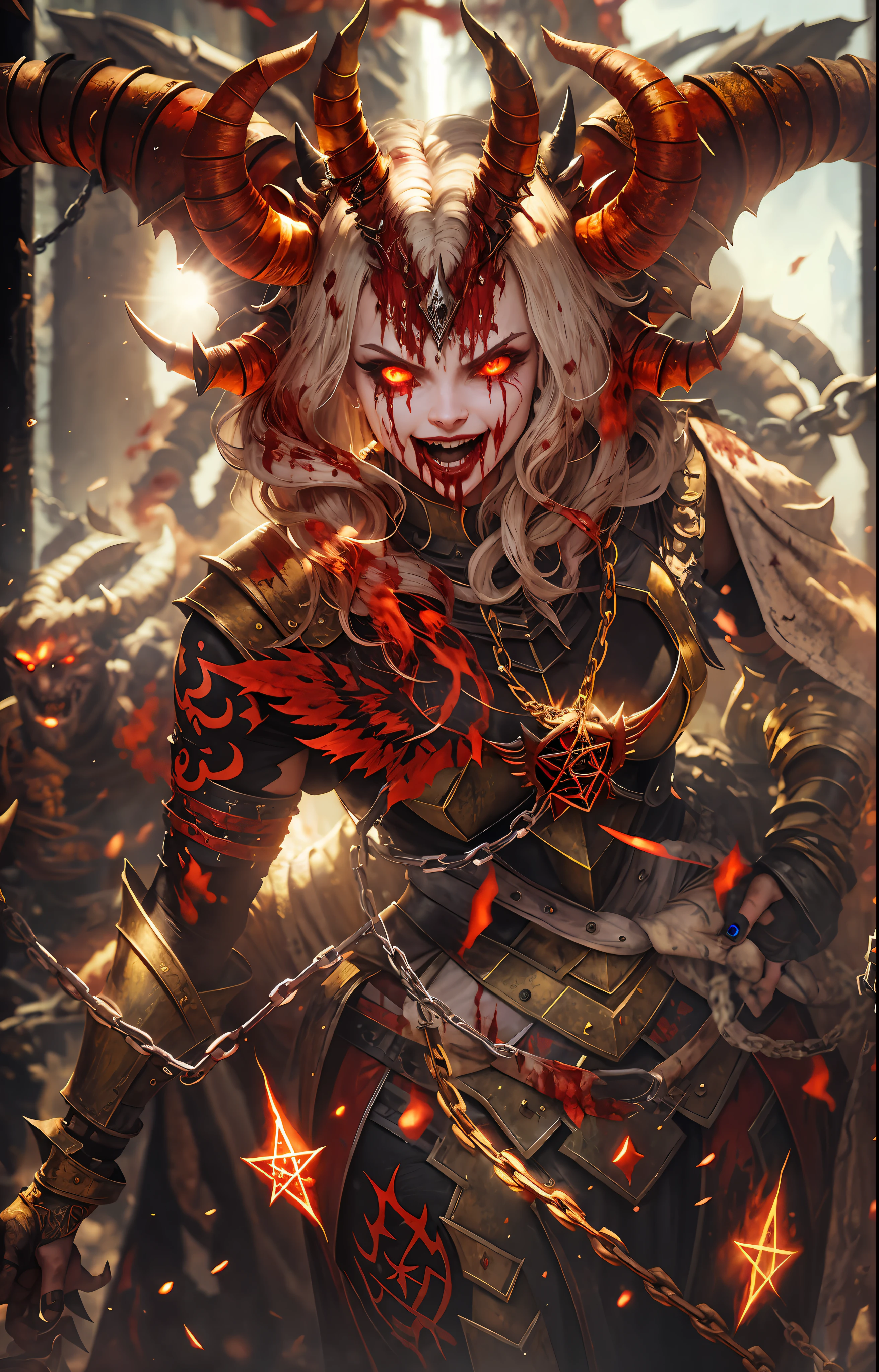 Movie CG, Tiflin, Female devil,Devil's daughter,Peerless beauty,s girl,devil tattoo,The armor was splattered with blood,It has gold etching on it, (paleskin), blood spatter, horns on head,succubi, Cruel laughter,(Burning red eyes), , Red-blooded pentagram, Glowing Grimmore closes, summoning circle, Rusty chains, The illuminated temple of Satan, Lens flare, Axis, intricately details, Highly detailed, voluminetric lighting, 4K rendering, stockphoto, Ultra photo realsisim, Lifelike texture, Dramatic lighting, illusory engine