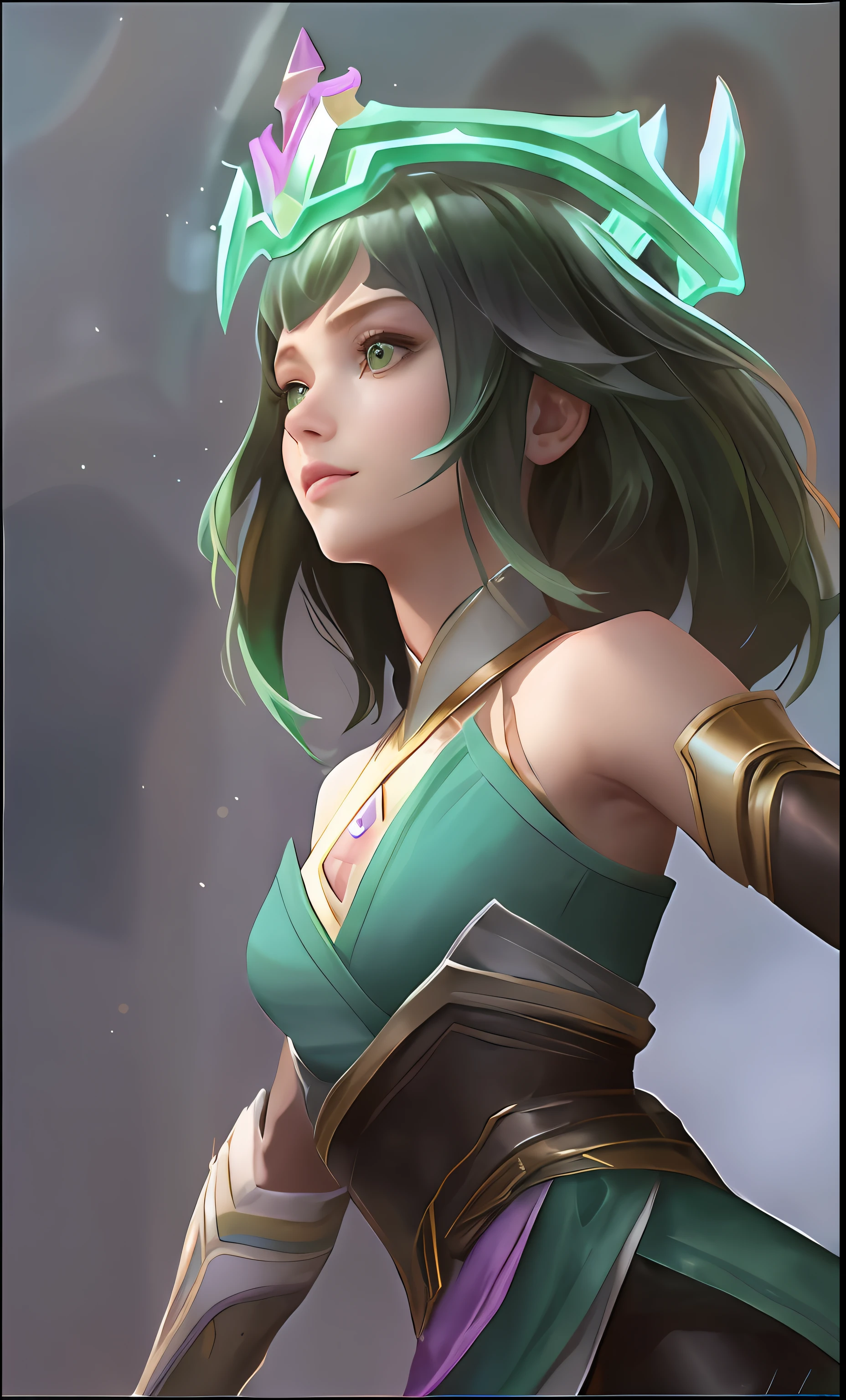 (Cinematic Photo:1.3) of (Ultrarealistic:1.3), a photography, HD, photo, woman, beautiful green armor, mdjrny-v5, style portrait of a gorgeous green hair color female in the style of stefan kostic, realistic, half body shot, sharp focus, 8 k high definition, insanely detailed, intricate, elegant, art by stanley lau and artgerm, extreme blur flames background, Princess girl with green crown with purple gradient, Green, Pastel, glitter, dramatic, dreamy, pastel, Watercolor, Whimsical, Delicate, Trending on Artstation, Highly detailed, Intricate, Portrait, digital painting, Fantasy theme, Fantasy robes, Fantasy concept art, Fantasy character art, Smug, Teenage girl, perfect body, half body, dreamy, pastel, Watercolor, Whimsical, Delicate, seashell crown masterpiece, 8k, perfect lighting, adult, female, cinematic lighting, Fawn,Highly Detailed