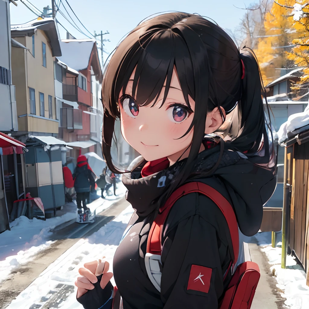 masutepiece, Best Quality, 8K_Wallpaper, (Beautiful eyes), ((Cute)), Cute, (lovely), (Ski resort on a sunny day),1girl in,small tits,1 schoolgirl、Smile,(Slopes with large trees)、(((snow board)))、Ski resort on a sunny day、snow board、(((Chasing the person in front of you on a snowboard)))(((Oversized Clothing)))