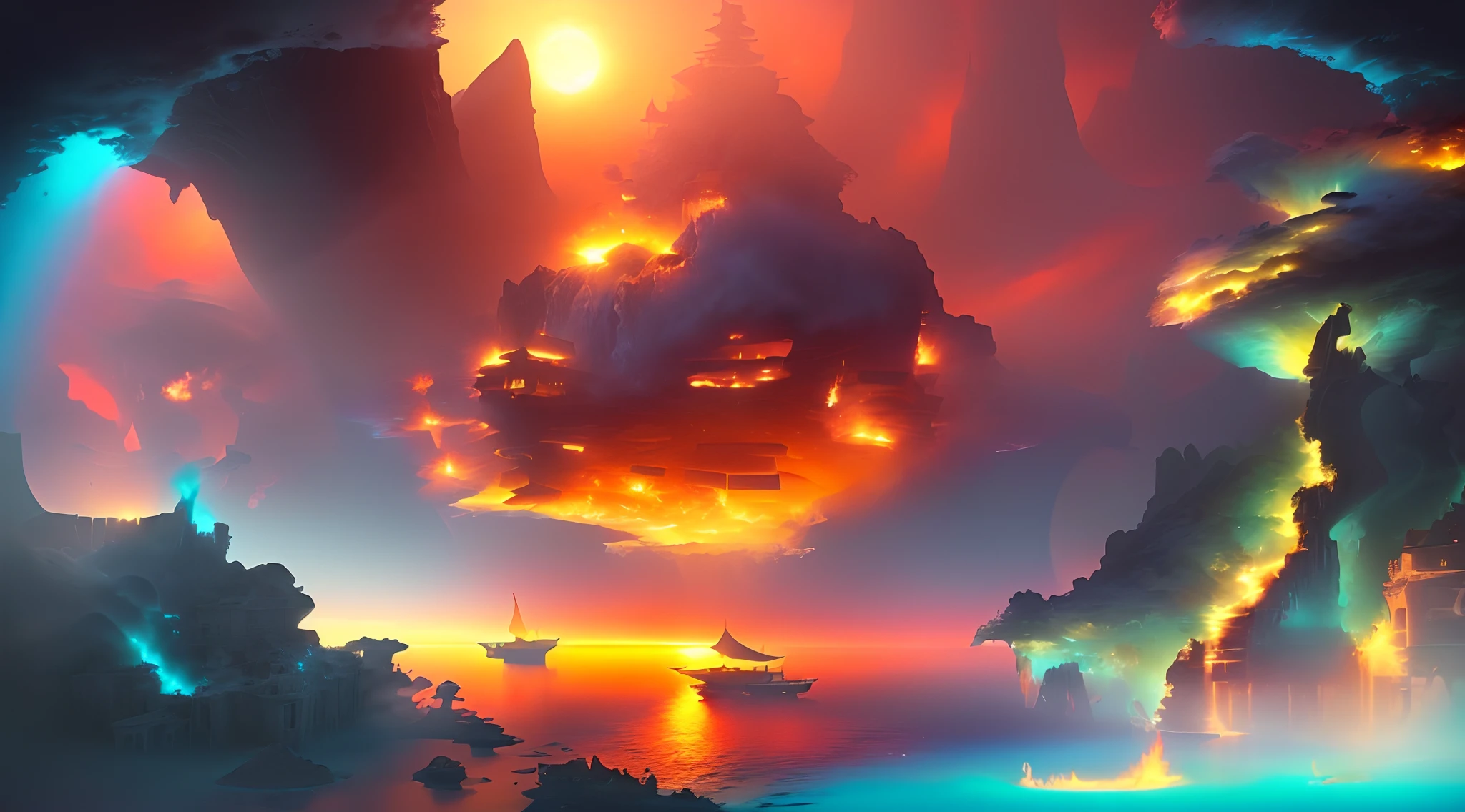 There is a small muddy island in the middle of the ocean,  floating islands, island floating in the sky, The island is full of burning flames，The ocean is divided into seven colors centered on the flying island，floating and flying island, beautiful 3d concept art, detailed fantasy digital art