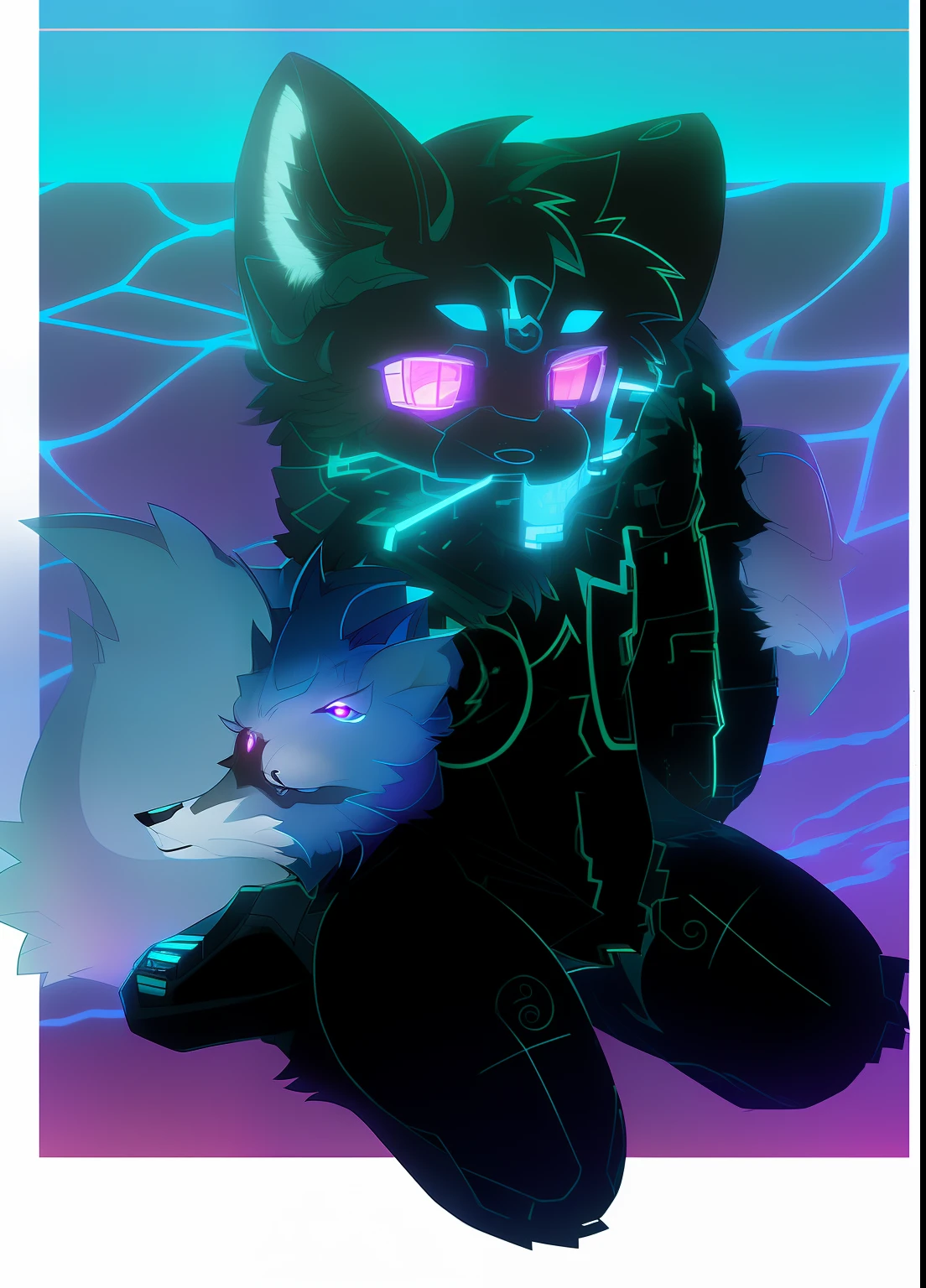 A beautiful portrait commission of the award-winning male furry human blue wolf Fursona, which has a tail and a cute beautiful and charming delicate furry face dressed in stylish black cyberpunk costume on a rainy cyberpunk city night. Character design by Charlie Bowater, Ross Tran, Artgerm and Makoto Shinkai, detailed, inky, Western comic book art