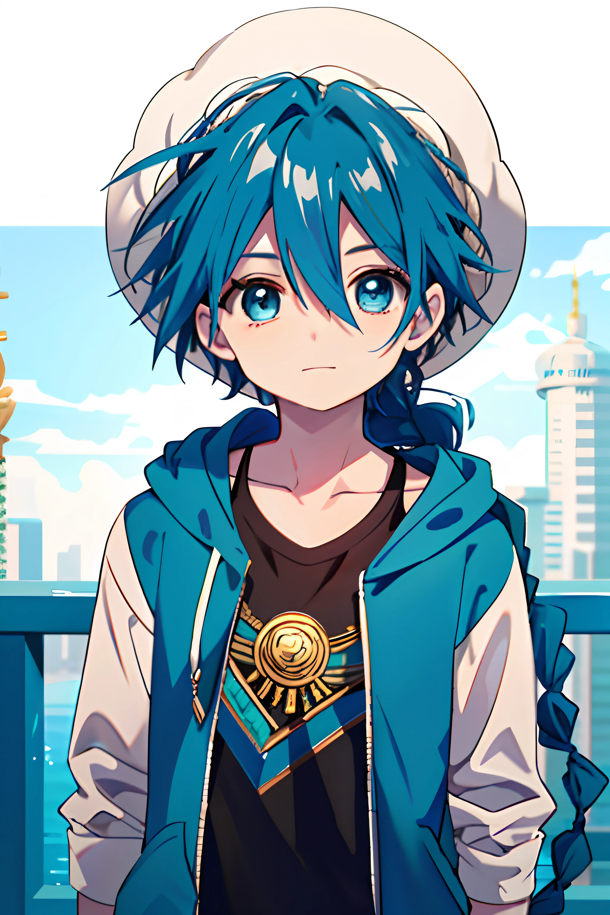 Masterpiece, Best quality, High quality, 1boy, Solo, Male focus, view the viewer, Upper body, Aladdin_maggie, Blue hair, Braid, Long hair, Blue eyes, jewelry, Single braid, Hat, Hoodie