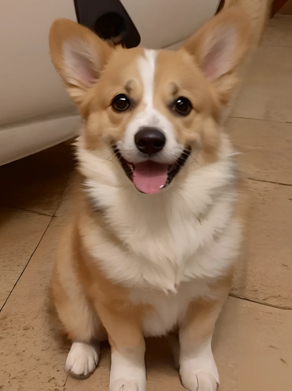 A dog sits upright on the floor,cute corgi,Police dog Corgi,Sit solemnly on the ground,A cute face,anthropomorphic dog,Corgi in police uniform,Fully armed corgi,Officer Corgi