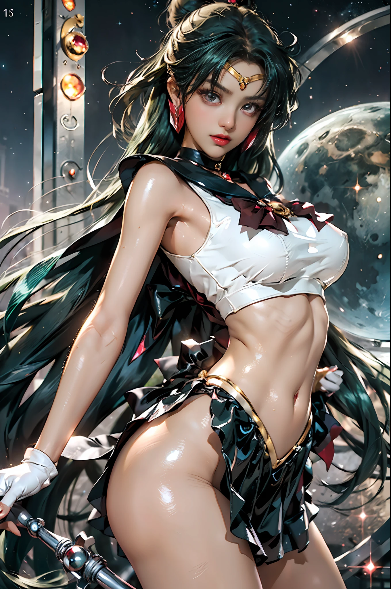 ful:1.3、to stand、((Dark skin:1.5)),(maternal,house wife,1 female,)、40 years、masterpiece、3D、realisitic、Ultra Micro Photography、top-quality、Ultra detailed CG unity 8k wallpapers、frombelow、SEXY Model Pose、dynamic ungle、((battle posture))、Holding_A staff,((Sailor Pluto uniform,Luxurious golden tiara on forehead:1.4、Metallic black pleated mini skirt:1.2、Huge dark brown bow on the chest:1.3、Black gloves on elbows:1.1、Large collar in black、Red brooch,Luxurious gold decoration,Key Chase accessories on the waist))、intricate detailes、((single ponytail,Incredibly long green very long hair:1.2、Glossy beautiful straight long green very long hair:1.2)),(Red Eyes,Setsuna Meioh Mao_Bun, meishaonv)、(Sailor Pluto Single Hair Panties Tiara Sailor Senshi Uniform Skirt Gloves),(Sailor Senshi Uniform、Bare upper arms:1.2、Sleeveless,Long white latex gloves with luxurious gold decoration:1.3、very large dark brown bow behind the waist:1.1、 Cleavage is sexy and boldly large、Golden ring-shaped earrings,Long knee-high boots in shiny black with luxurious gold decoration), (hmjupiter,Ponytail, tiarra, Jewelry, Sailor Senshi Uniform, Choker, elbow groves, ),I have a giant key wand,(Thin and fitting high-gloss silver-white holographic leather:1.3,Bold and sexy slender silver white high leg gravette swimsuit)、 ((Very Clean Face、Details of face:1.5、Bright red eyes、Beautiful expression、beautidful eyes、shinny eyes、thin lips:1.3、thin and sharp pale eyebrows,、long dark eyelashes、Double eyelashes))、Luxurious huge white wings、muscular muscles:1.2、 Muscular abs:1.2、a small face、Huge breasts 、Large adult woman,tall,Tall and glamorous perfect proportions、big breasts thin waist、thick thighs,Big ass,Visible Pore、perfect hand:1.5、highly dramatic picture、Strong natural light、sunlights、exquisite lighting and shadow、DSLR Harp、Maximum clarity and sharpness、(Stargate,Dynamic space-time divinity,The Holy of the Clock, Divinity of the underworld,Lightning space background, Pluto、moonlit glow、a moon、Moving background)