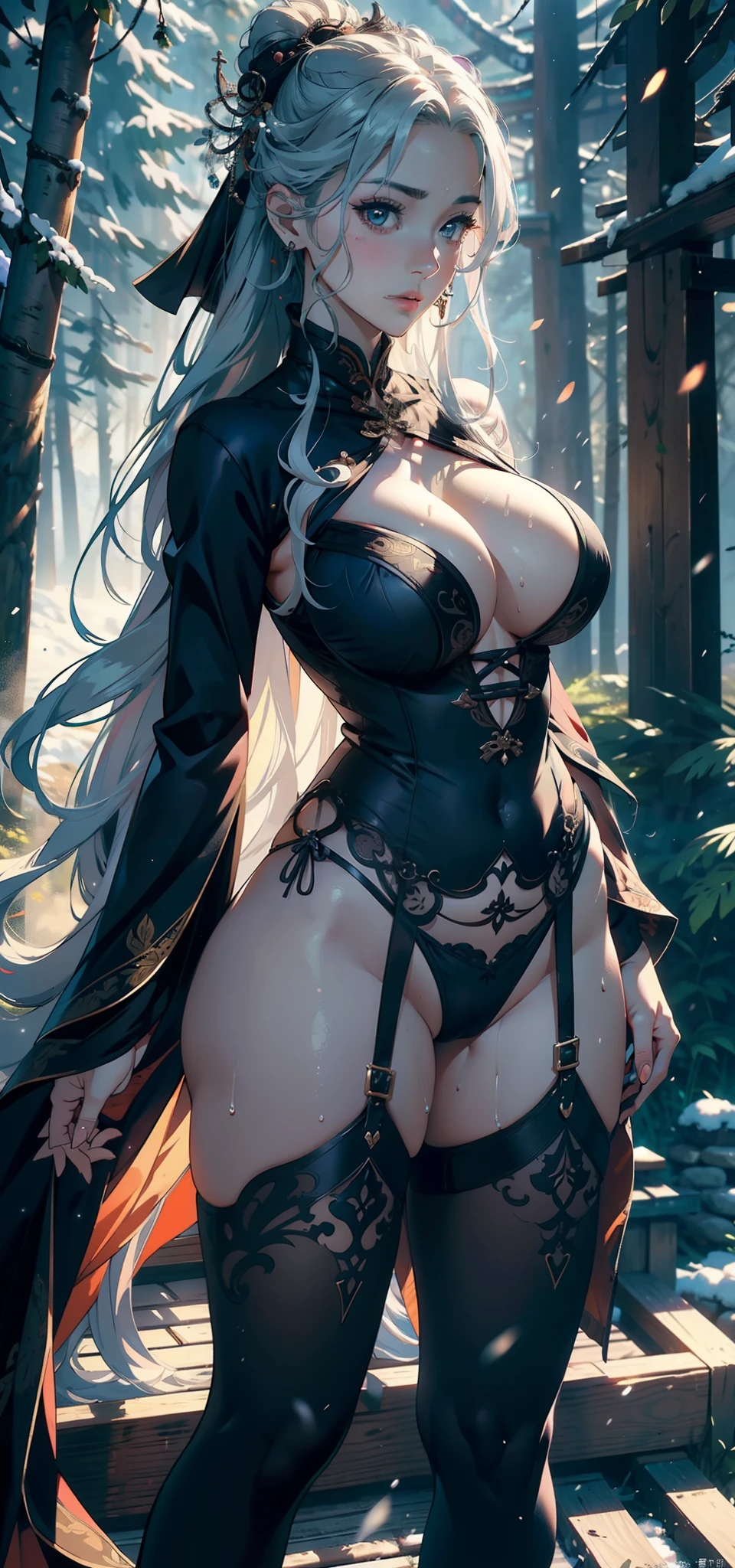 1female,25 age old,Large breasts,Pornographic exposure, 独奏,Wu Zetian(Background with:coniferous forest,at winter season,Snow on the ground) with long white hair, 比基尼,standing on your feet,Sweat profusely,drenched all over the body,seen from the front, curlies, mostly cloudy sky,(((tmasterpiece),(Very detailed CG unity 8K wallpaper),best qualtiy,cinmatic lighting,detailed back ground,beatiful detailed eyes,Bright pupils,(Very fine and beautiful),(Beautiful and detailed eye description),ultra - detailed,tmasterpiece,)),facing at camera,A high resolution,ultra - detailed)Victorian style,revealing breasts,Bare genitalia, Bulge,Camel toes,Raised sexy,Flushed complexion,Open-mouthed,frontage