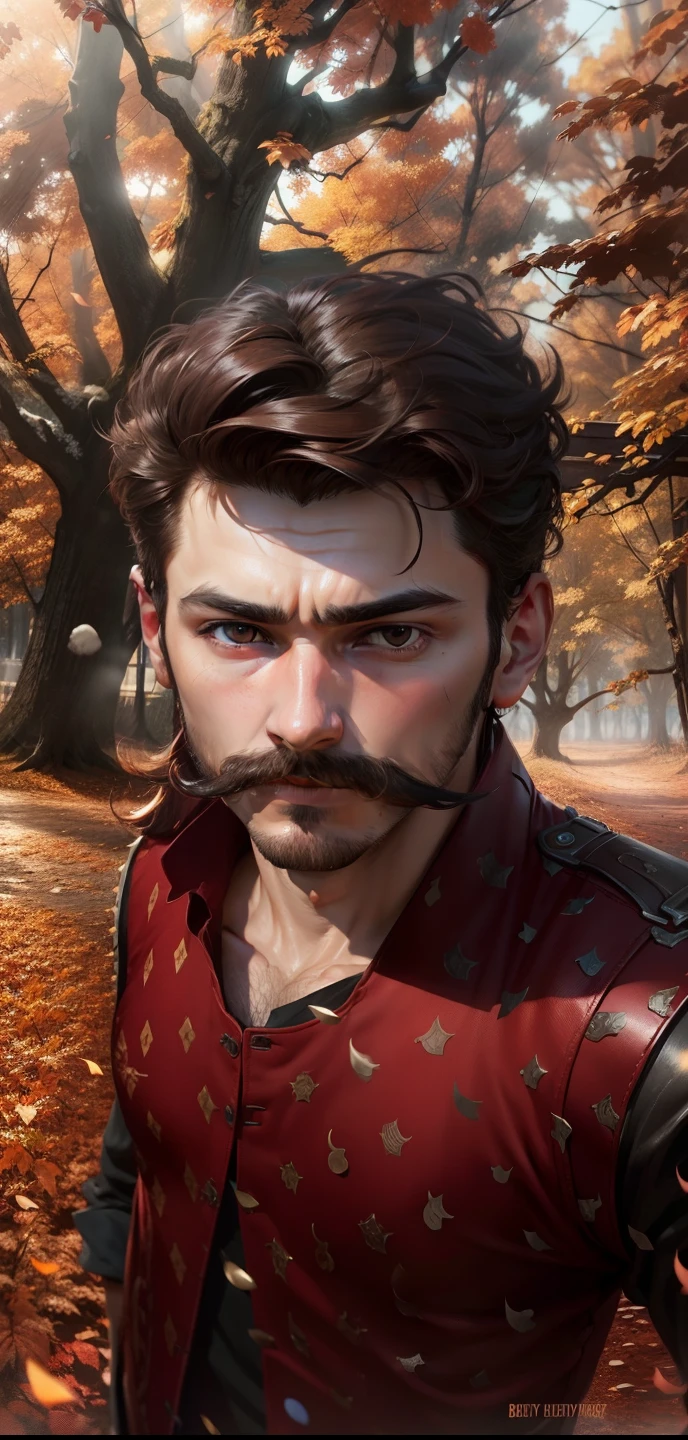 4k realistic,thin moustache and beatd,handsome boy,change bg to dark red sky