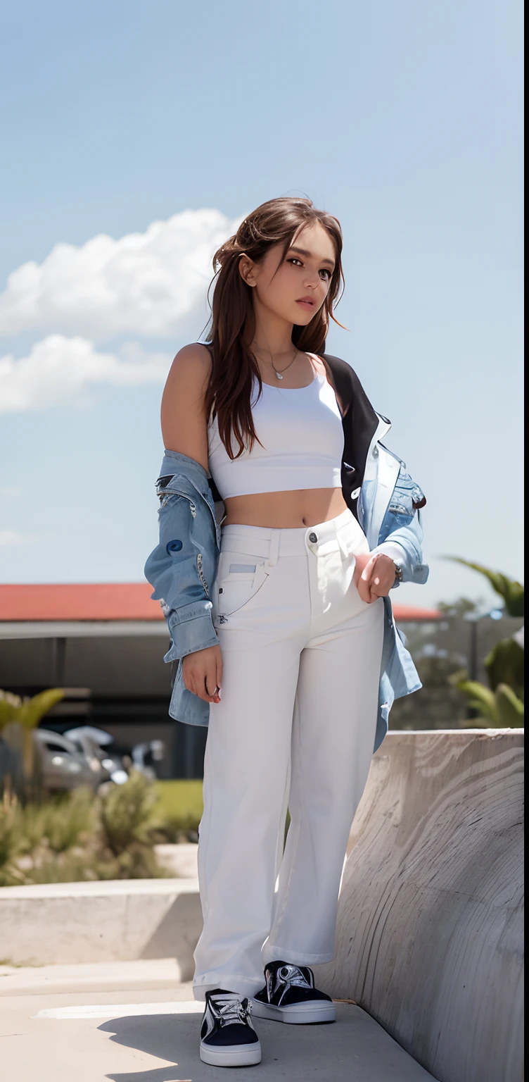 arafed woman standing on a skateboard ramp with a shirt on, wearing off - white style, wearing a cropped tops, wearing crop top, cropped shirt with jacket, wearing a cropped top, casual modern clothing, wearing a sexy cropped top, wearing a crop top, white trendy clothes, modern casual clothing, casual clothing style, wearing white camisole, human,