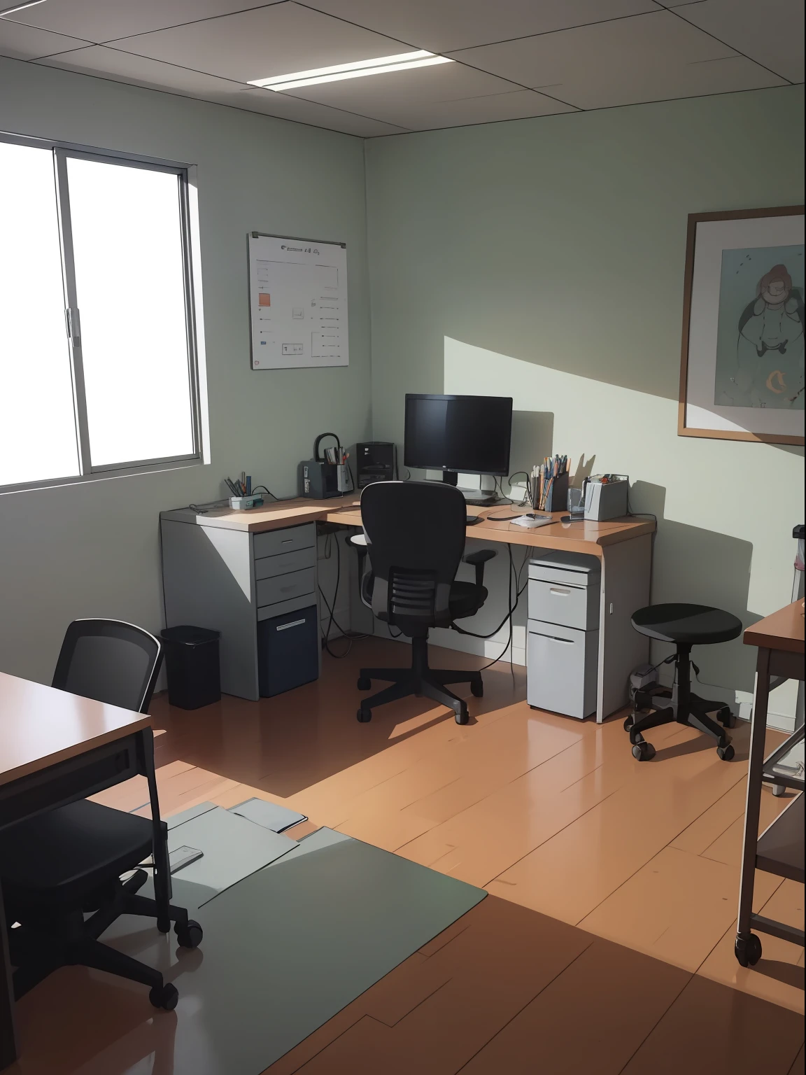 Office room, anime style, light from right, shoot from chair, anime drawing, simple