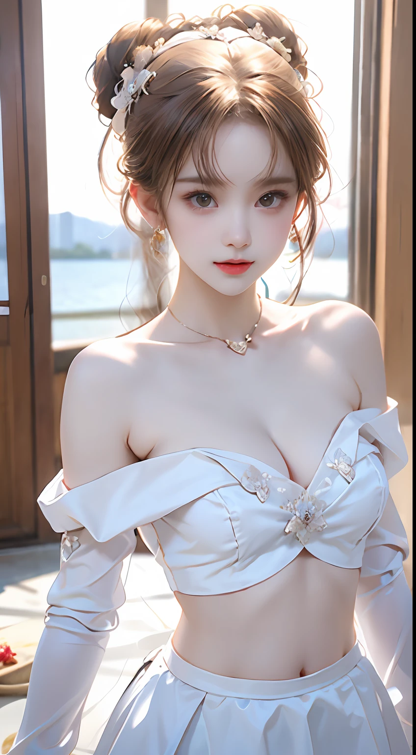 Tofu Shih Tzu，pale milky white porcelain skin, Smooth translucent white skin, small thighs，Small waist，Small hips，cropped shoulders，Nice collarbone，ultra-realistic realism，big breasts exposed cleavage
