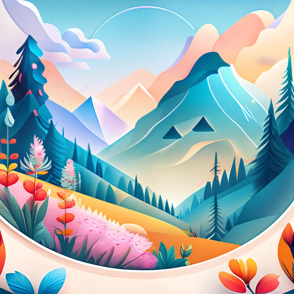 In the foreground there is a circular picture of a mountain and flowers, Landscape illustration, A beautiful artwork illustration, landscape artwork, Spring landscape with mountains, in style of digital illustration,2D illustration,4K,High quality,vectorial art