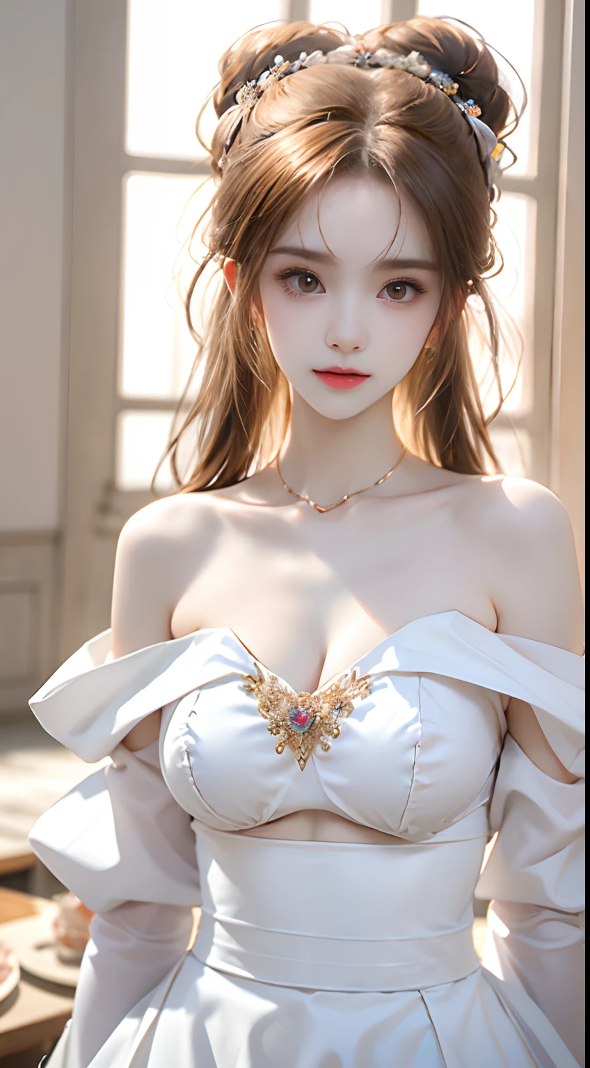 Tofu Shih Tzu，pale milky white porcelain skin, Smooth translucent white skin, Short upper body，small thighs，Small waist，Small hips，cropped shoulders，Nice collarbone，ultra-realistic realism，no underwares，with no underpants，（big breasts exposed cleavage）