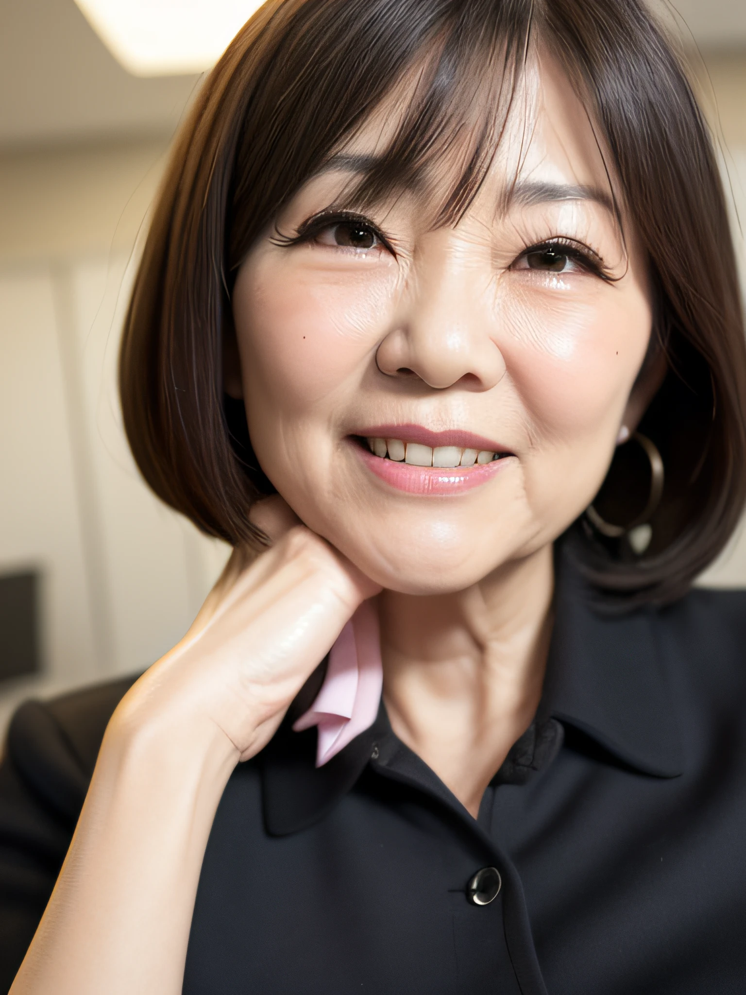 1 Japanese mature lady, 50 years old, (solo), photo realistic, best quality, detail face, detailed hair, bob hair, black hair, smiling, deep wrinkles around eyes, deep laugh lines, skin blemishes, office uniform, sexy mini skirt, high heels