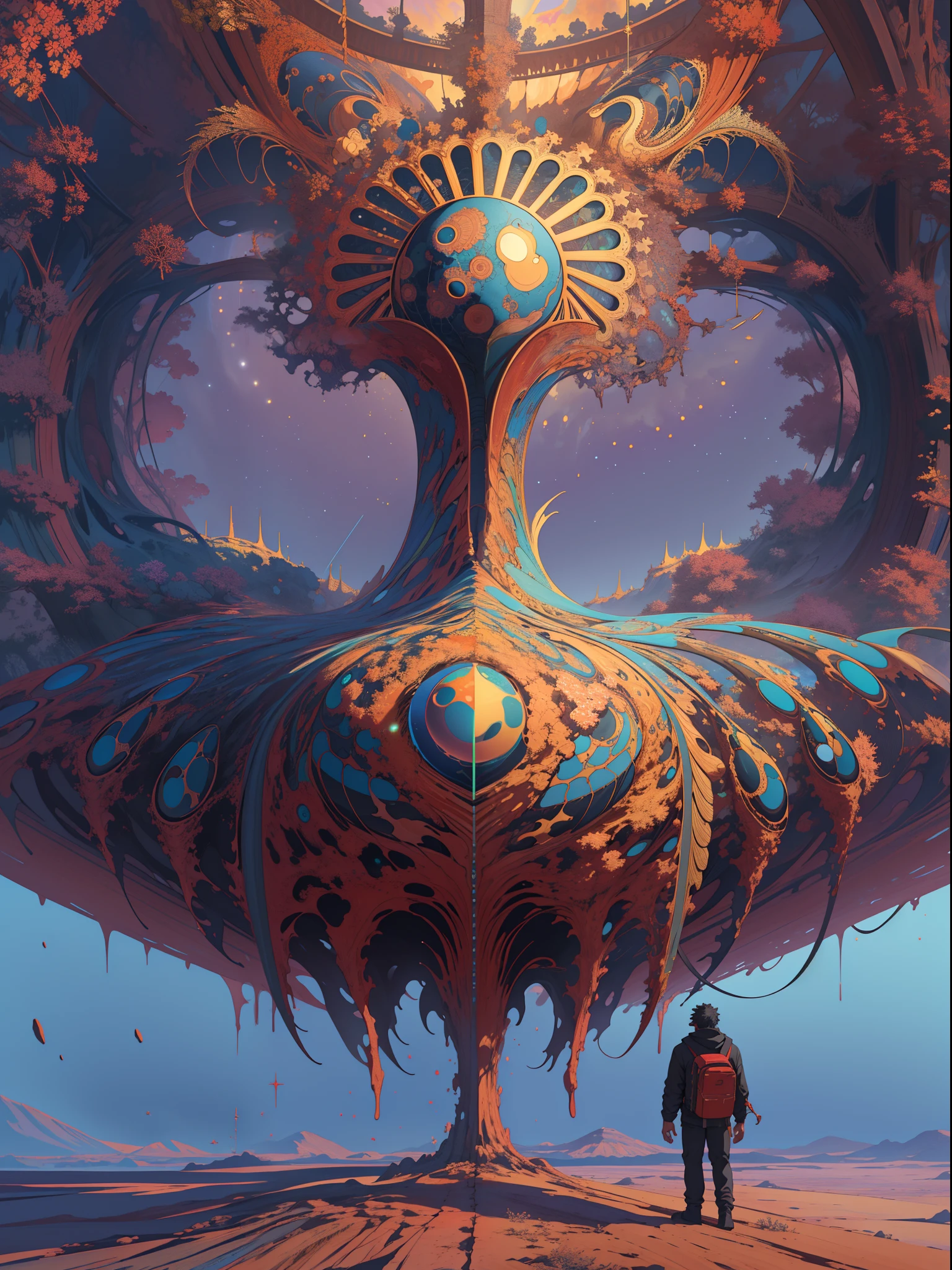 Montruo gigante mirando hacia abjao en un paisaje de otro mundo,Gigante fractalico, Fractal infinito,fractal de Mandelbrot, divino, Figura imponente humanoide, masivo,escala masiba, mirando hacia abajo, de pie, inmenso, apocalyptic, colorido, iridiscente, obra maestra, 4k-resolution, detalles intrincados, dios,divino,ente superios echo de fractales,figuara imposible,geometria unica,