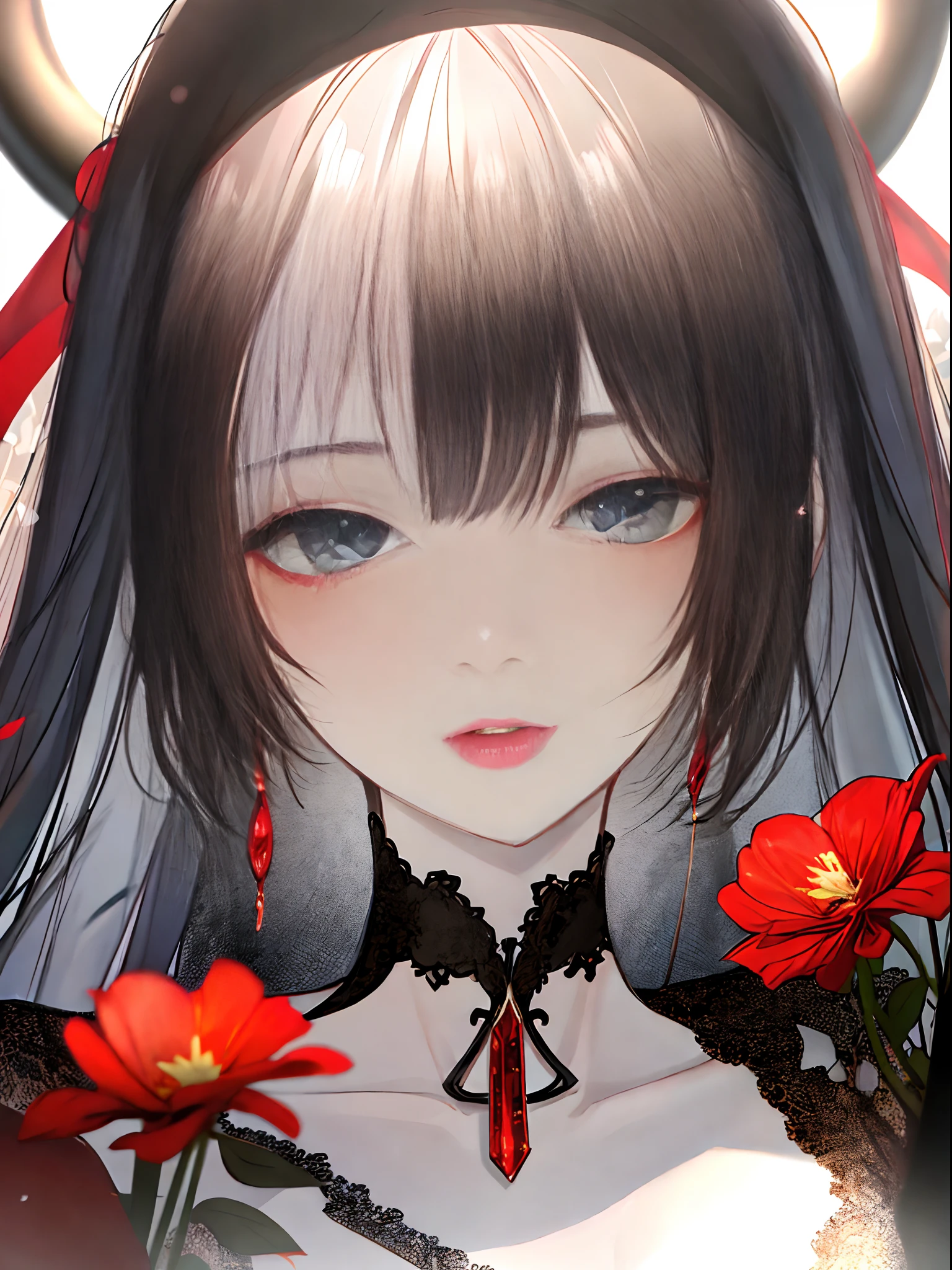 masterpiece,best quality,absurdres,original,extremely delicate and beautiful,beautiful detailed eyes and face,1girl, black hair, flower, japanese clothes, looking at viewer, red flower, solo, (shiny skin),(masterpiece:1.4),(best quality:1.4),realistic