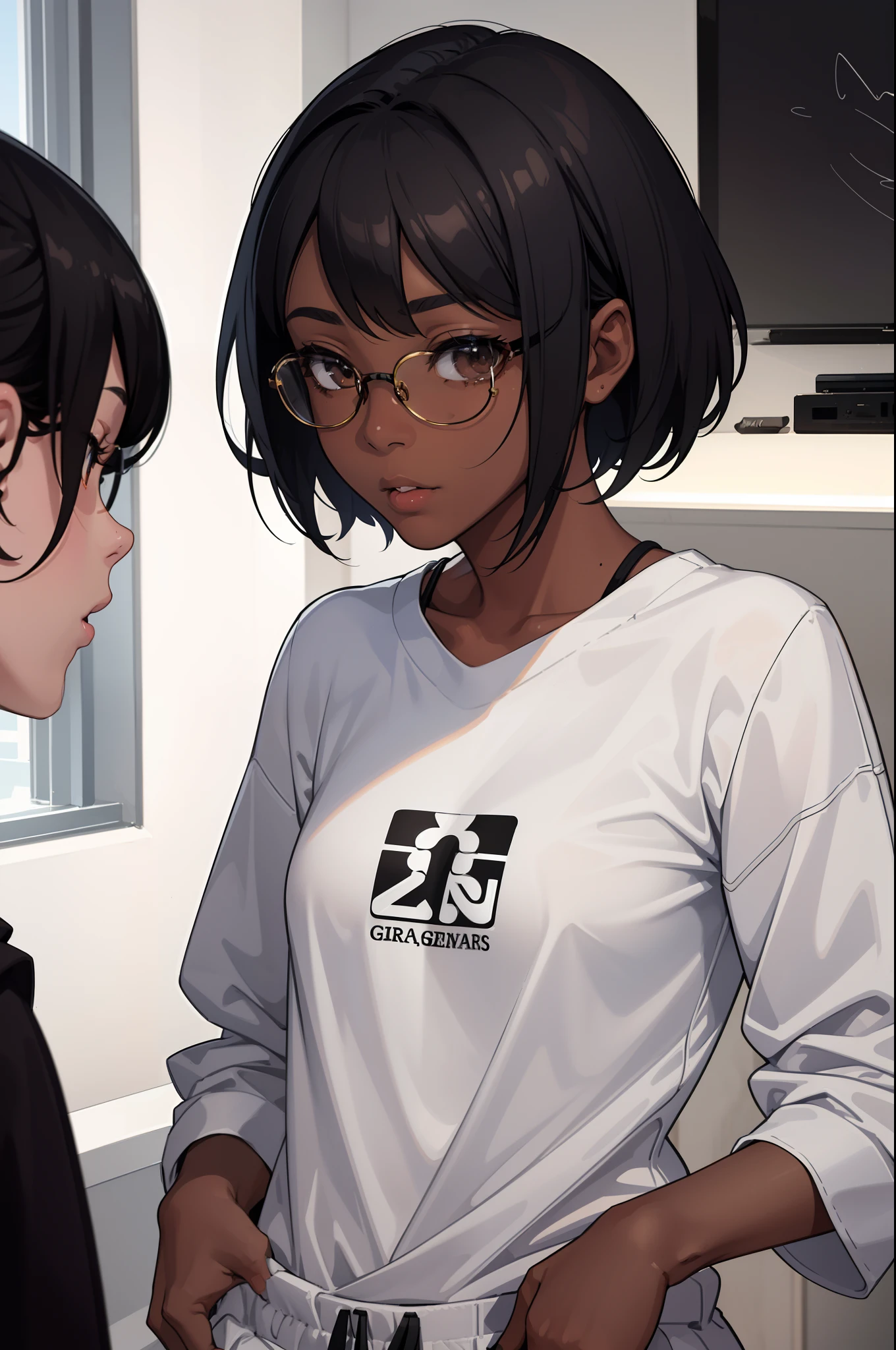 1girl, Beautiful girl, Wear eyeglasses, Dark skin, A small mole on her right cheek, half body, Body length 150 cm, 20 years old, Brown Skin Girl, .(black short hair, Street hairstyle) , (Black Eyes), realistic eyes, beautiful and big eyes), Men's Clothing, Boys' Clothing, Wear sneakers, small breasts, (8k wallpaper), (Living room wallpaper) 8k, Quilty Altitude, Realistic, Beautiful realism, outstanding detail, RAW photo, Realistic clothes, short hair hair, Black hair, realistic hair, Light and cool lighting, realistic photo, Cel shaded, Gel lighting, ultra-detail