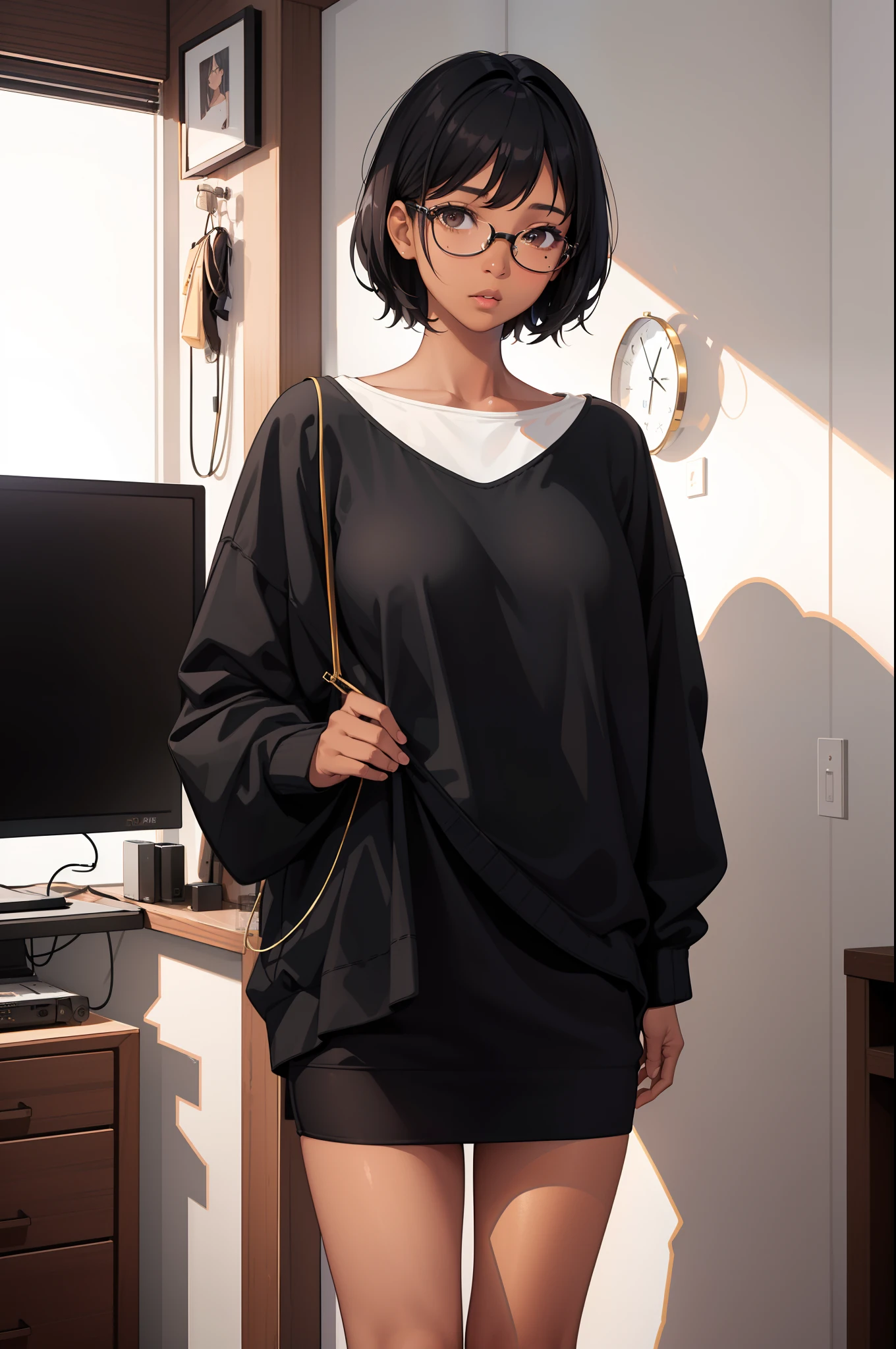 1girl, Beautiful girl, Wear eyeglasses, Dark skin, A small mole on her right cheek, half body, Body length 150 cm, 20 years old, Brown Skin Girl, .(black short hair, Street hairstyle) , (Black Eyes), realistic eyes, beautiful and big eyes), Men's Clothing, Boys' Clothing, Wear sneakers, small breasts, (8k wallpaper), (Living room wallpaper) 8k, Quilty Altitude, Realistic, Beautiful realism, outstanding detail, RAW photo, Realistic clothes, short hair hair, Black hair, realistic hair, Light and cool lighting, realistic photo, Cel shaded, Gel lighting, ultra-detail