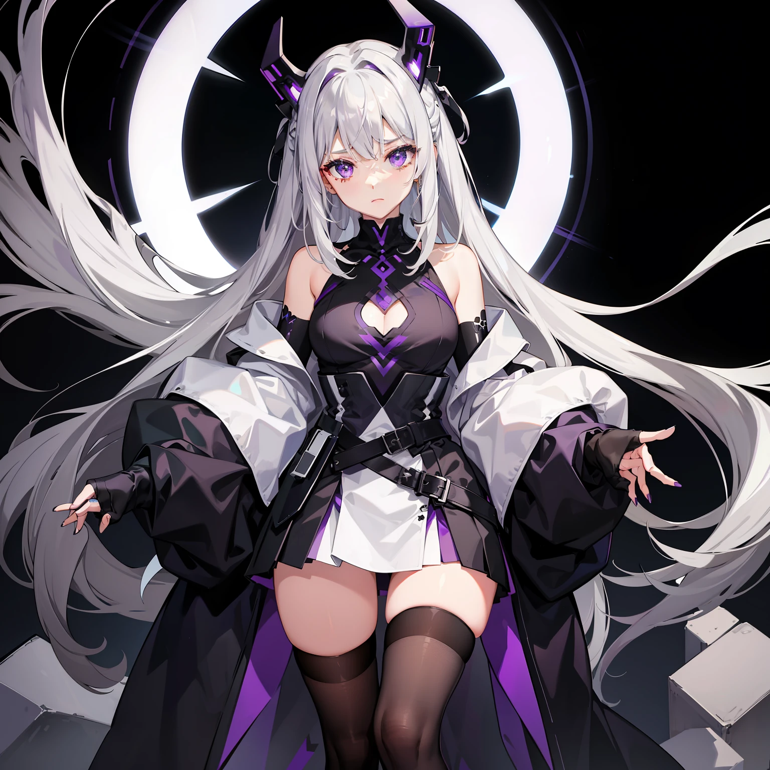 Long gray-white hair，Flowing broken bangs，Two black-purple headdresses，Purple eyes without emotion，Wears a white off-the-shoulder technology machine top，Black technology machine skirt，expressiveless，A black-purple technological machine jacket on the upper body is half-off on the shoulders，Place your hands on a purple-black square box on your chest，close-up on legs，