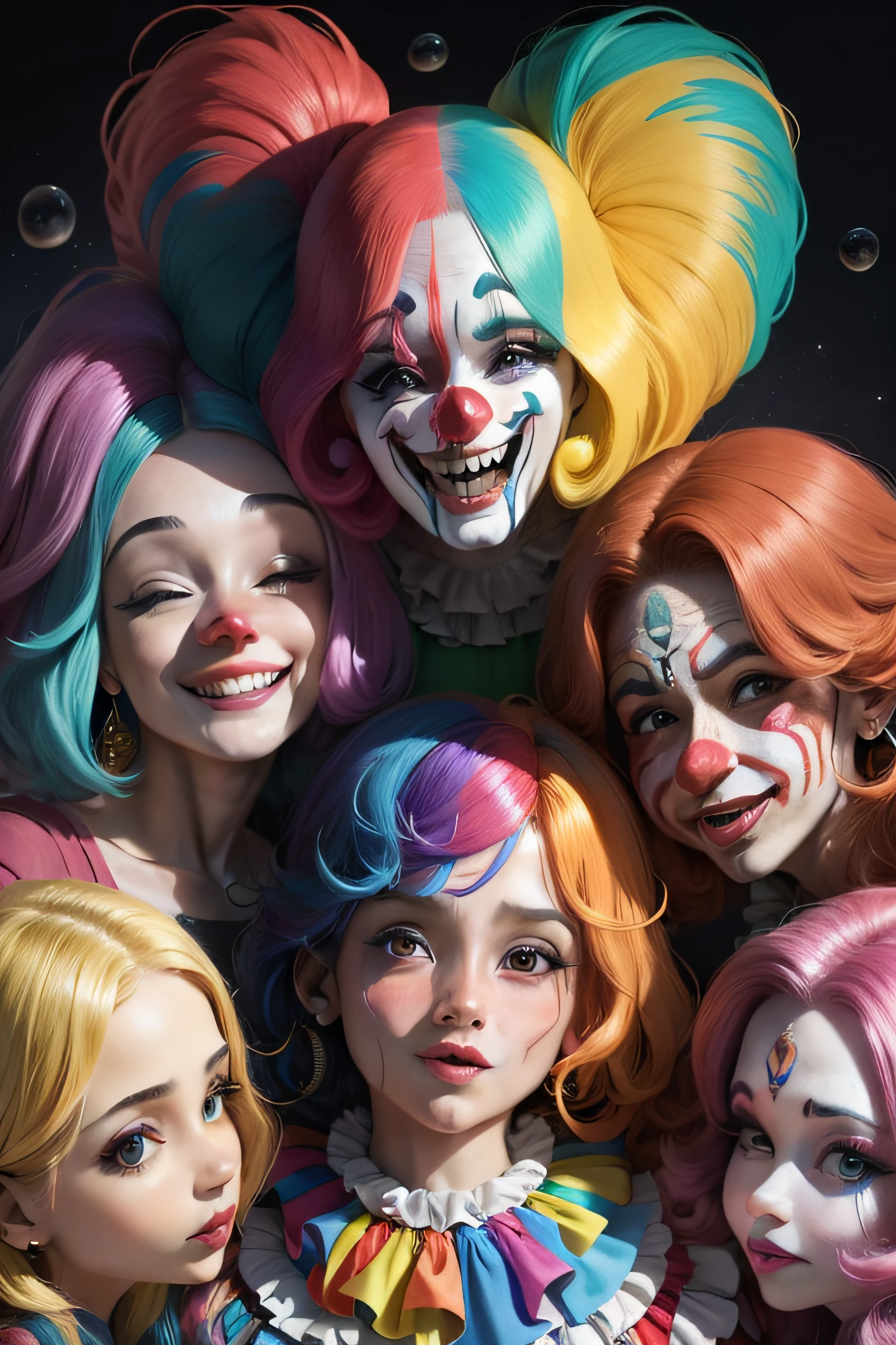 clown,sorrir, HQ, quadrinhos ,(cabelos ondulados multicoloridos:1.2),(mundo psicodelico:1.4)