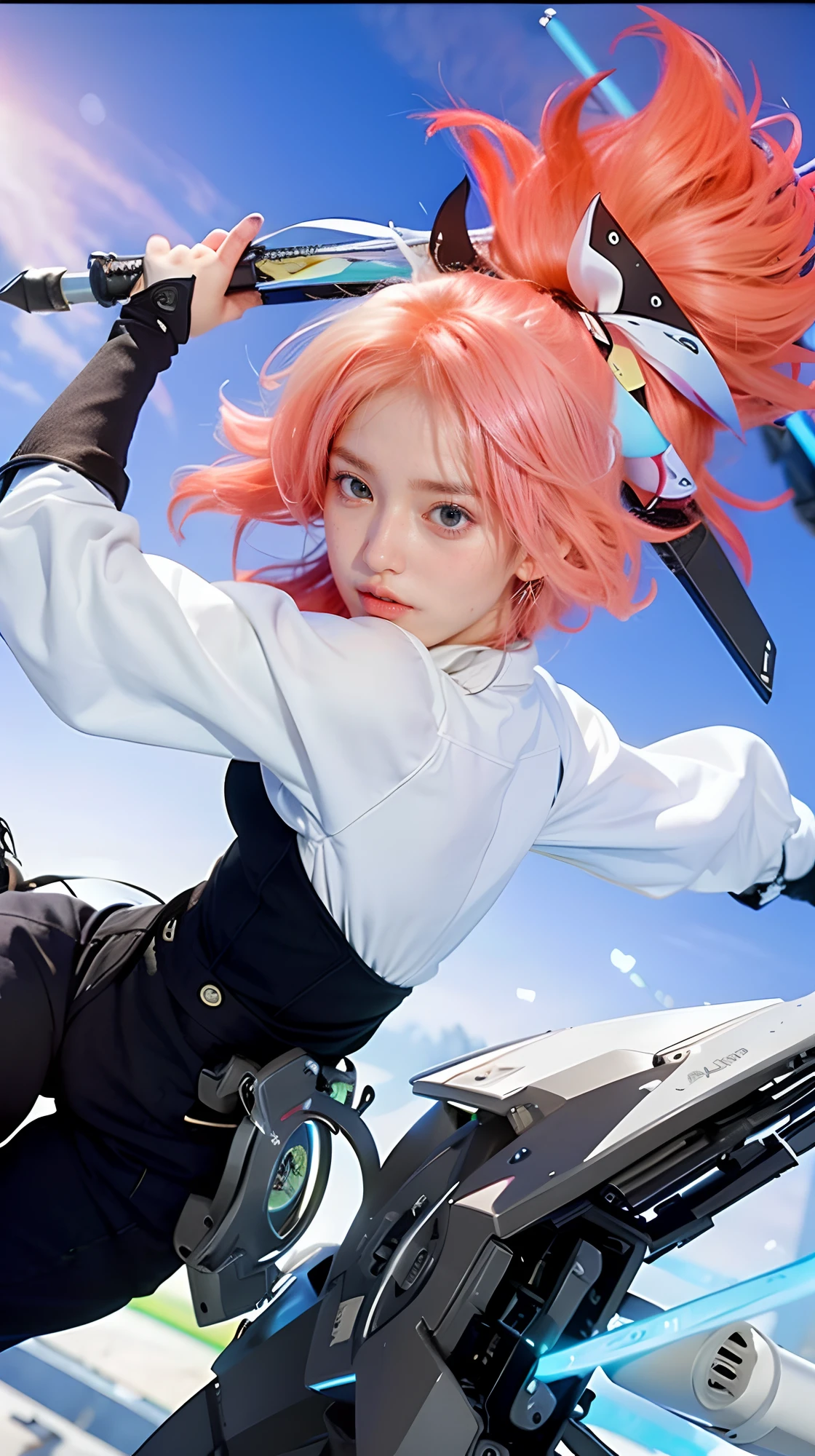 (8k, best quality, masterpiece:1.2), (realistic, photo-realistic:1.37), ultra-detailed, A detailed portrait of 1 girl 18 year old, cute girl, british girl, futuristic outfits, holding sword, pale skin, perfect body, blue eyes, pink hair. The scene is illuminated with professional lighting, photon mapping, and radiosity, with Tetsuya Nomura Style. Blur bokeh effect, realistic light.