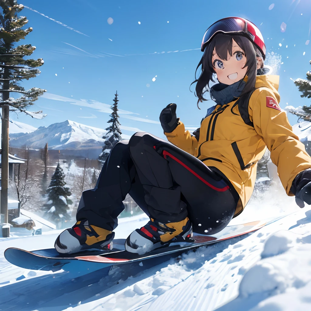 masutepiece, Best Quality, 8K_Wallpaper, (Beautiful eyes), ((Snow is piled up)), Cute, (Yellow Wear、Outerwear is yellow、Red underneath), (Slopes with large trees),1girl in,small tits,1 schoolgirl、Smile,(Slopes with large trees)、(((snow board)))、Ski resort on a sunny day、snow board、(((Steep slopes)))(((Wear a snowboard)))、
