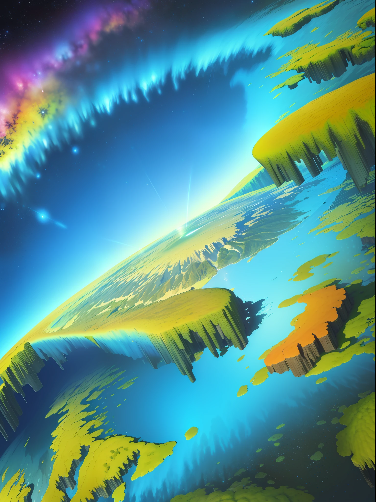 Montruo gigante mirando hacia abjao en un paisaje de otro mundo,Gigante fractalico, Fractal infinito,fractal de Mandelbrot, divino, Figura imponente humanoide, masivo,escala masiba, mirando hacia abajo, de pie, inmenso, apocalyptic, colorido, iridiscente, obra maestra, 4k-resolution, detalles intrincados, dios,divino,ente superios echo de fractales,figuara imposible,geometria unica,