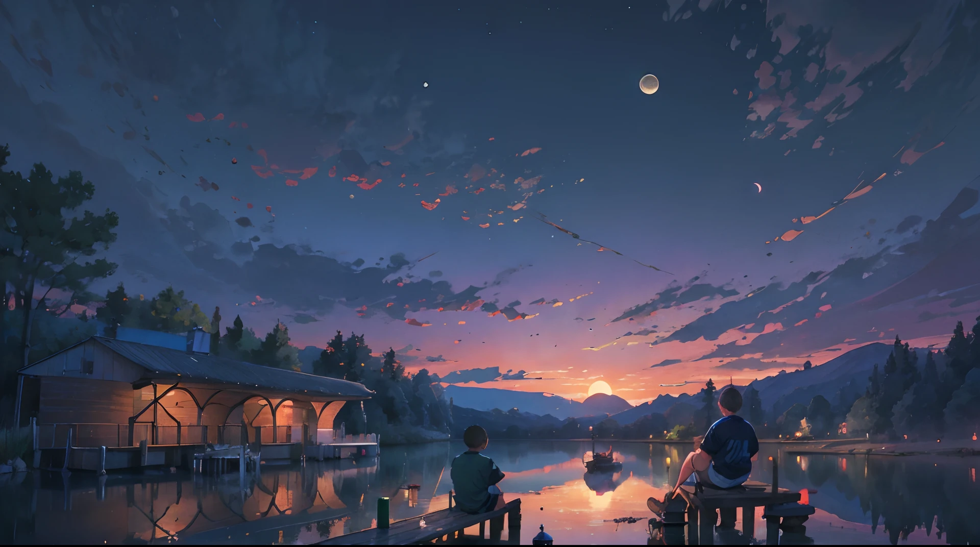 The behind view of a Black boy with a Stevenson baseball Jersey and a caucasian girl sitting on a dock in front of a lake as the moon rises