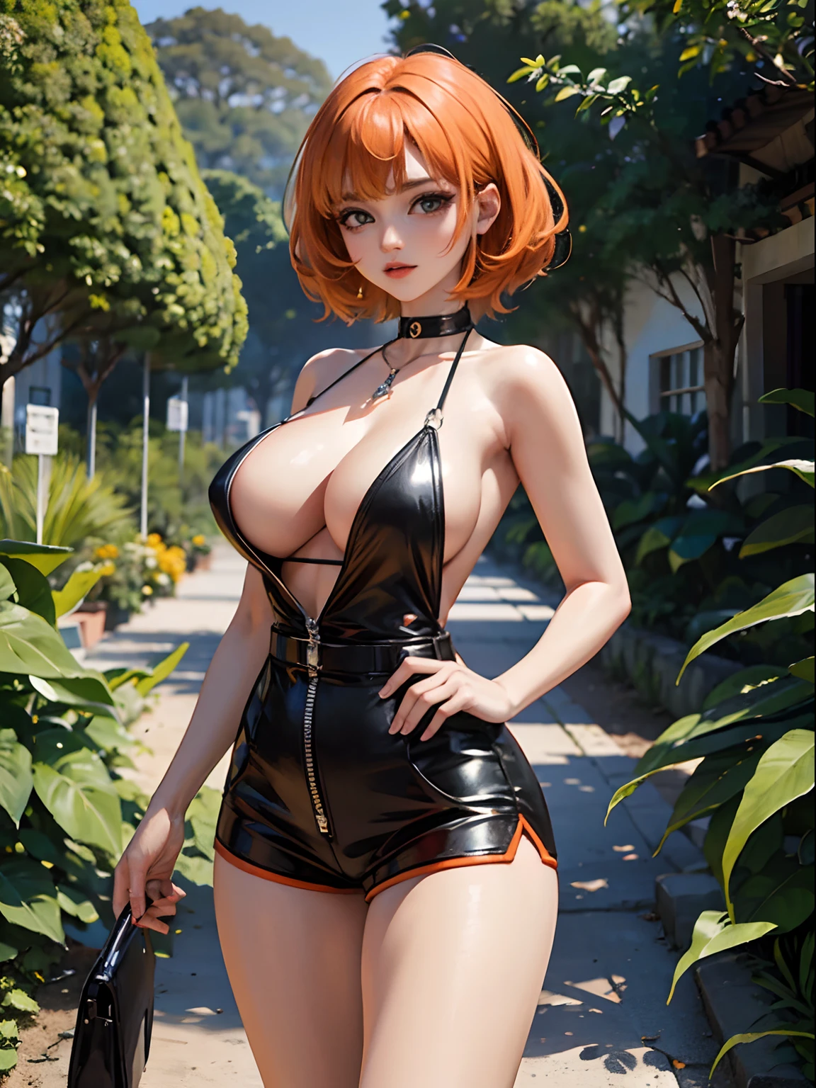 (master part), (best quality), (ultra-detalhado), profundidade de campo, HDR, intrincado, delicado, uma , cabelo grande, orange hair, deitado, tanque vermelho apertado, middle boobs, tight black shorts, olhos verdes, Olhos detalhados, Sardas, deitado na grama no parque, flor, dia ensolarado, Futuristic detailed scenery.