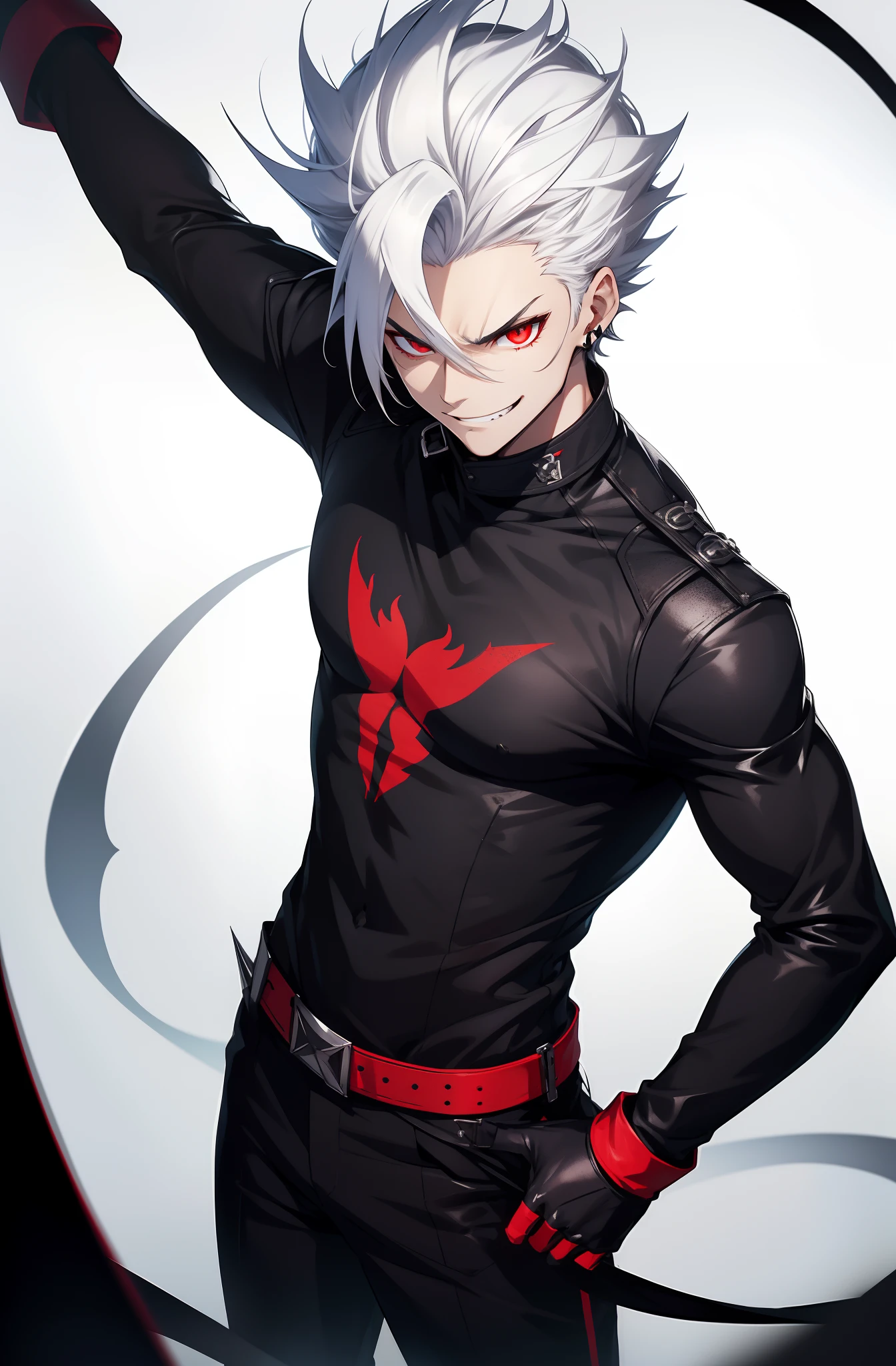 solo male, black t-shirt, white hair, spiky hair, red eyes, black gloves, white pants, evil smile, slim