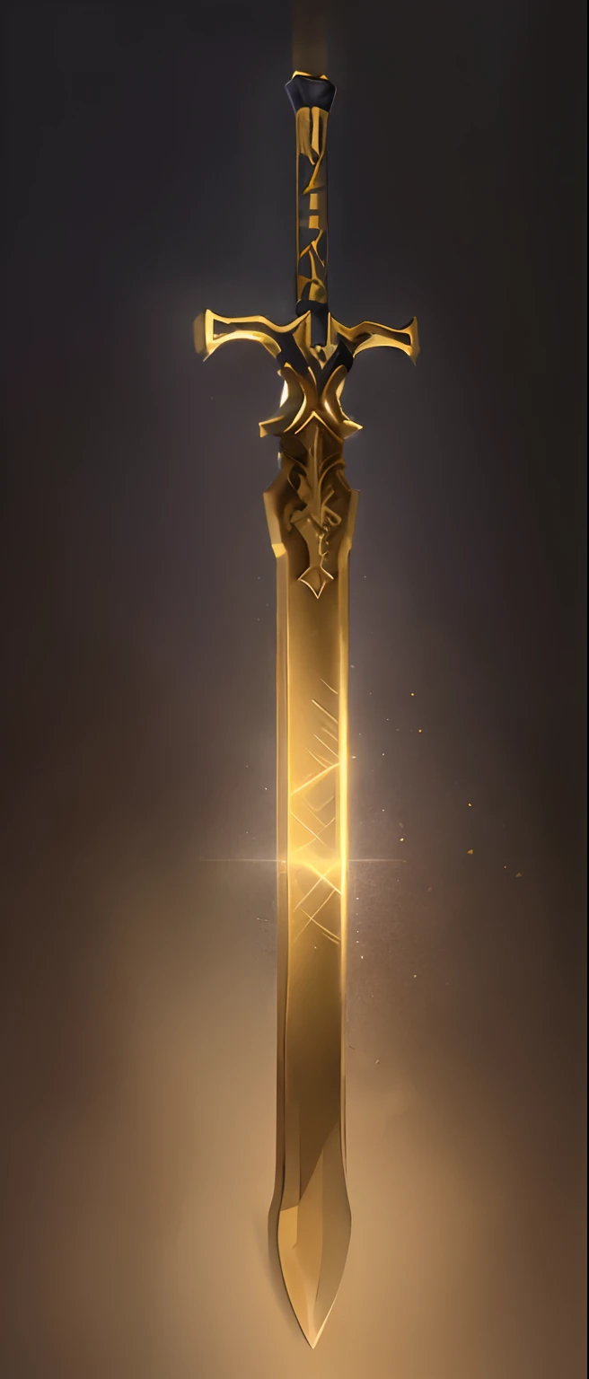Close up of sword with gold hilt isolated on black background, Large sword, chainsword in the other, greatSword, huge sword, Gold Sword, huge oversized sword, fantasy sword, Big sword, huge sword, armored sword blade, Golden Sword, orkish sword, dazzling gem in the hilt, shinning sword, Buster Sword, Sword design