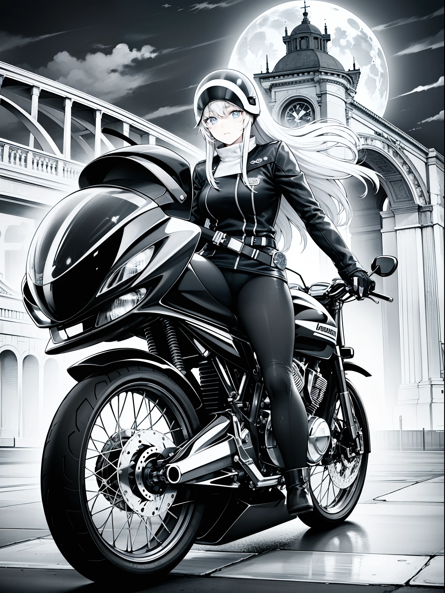 Anime,Anime,(masterpiece:1.5)(highlydetailed)(dark)(on the bridge)(under the moonlight),(Black and white comics),(illustration)Holding a motorcycle,The face is dull,glowing light eyes,(full bodyesbian)(solo)(1girl)(longliverhair)(hair loops)(Wing-like bangs)(Dull hair)(leather boots)(hitman)(Lighting in the back)(white hair)(red eyes)(City Bridge)(themoon)(nylon tights)(motorcycle rider)(holding a motorcycle helmet)