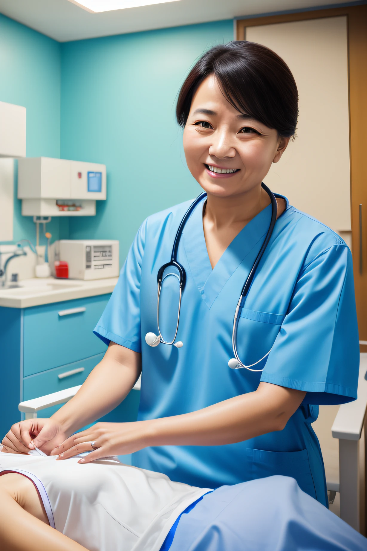 A good doctor in China，Treatment of patients on the ward，The patient smiled happily，The doctor was also happy，high-definition photography，Medium shot
