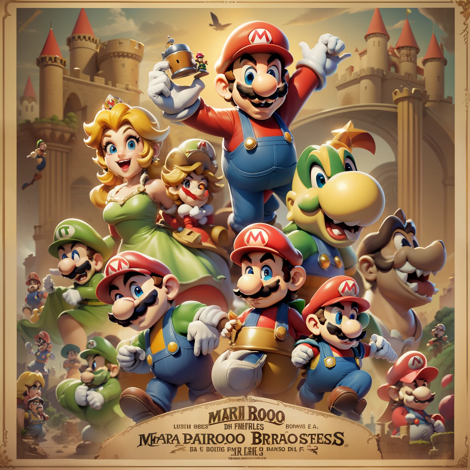 Cartaz do filme Mario Bros todos os personagens, castelo da princesa, browser, Luide, Mario