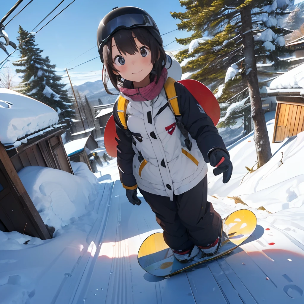 masutepiece, Best Quality, 8K_Wallpaper, (Beautiful eyes), ((Snow is piled up)), Cute, (Yellow Wear、Outerwear is yellow、Red below), (Slopes with large trees),1girl in,small tits,1 schoolgirl、Smile,(Slopes with large trees)、(((Snow as far as the eye can see)))、Ski resort on a sunny day、snow board、(((One big tree)))(((Wear a snowboard)))、