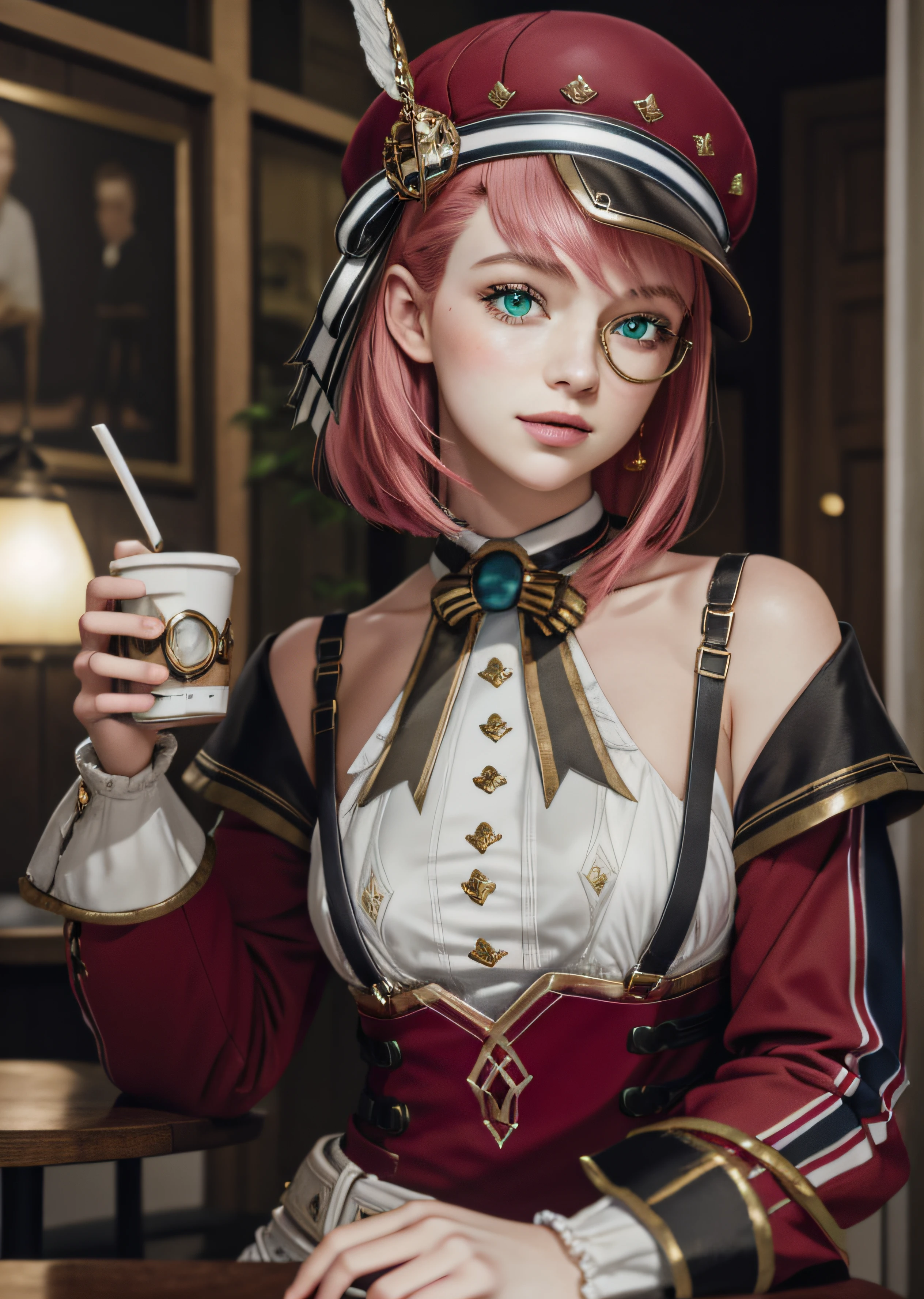 best quality,masterpiece, high res,original, beautiful detailed green_eyes,ultra-detailed, charlotte_\(genshin\), short 1girl , hat, red headwear, monocle, short pink_hair, white_gloves, red_jacket, long_sleeves, off_shoulder, shirt, bare shoulders, cowboy shot, (Smiling:0.5) (Highly detailed face:1.4), Nikon D850, film stock photograph ,4 Kodak Portra 400 ,camera f1.6 lens ,saturated colors ,hyper realistic ,lifelike texture, dramatic lighting , Cinestill 800, jour, Vintage lighting, beatiful face, In the city, in a café, he sits at a table and drinks coffee, bokeh, Motion blur, pale skin