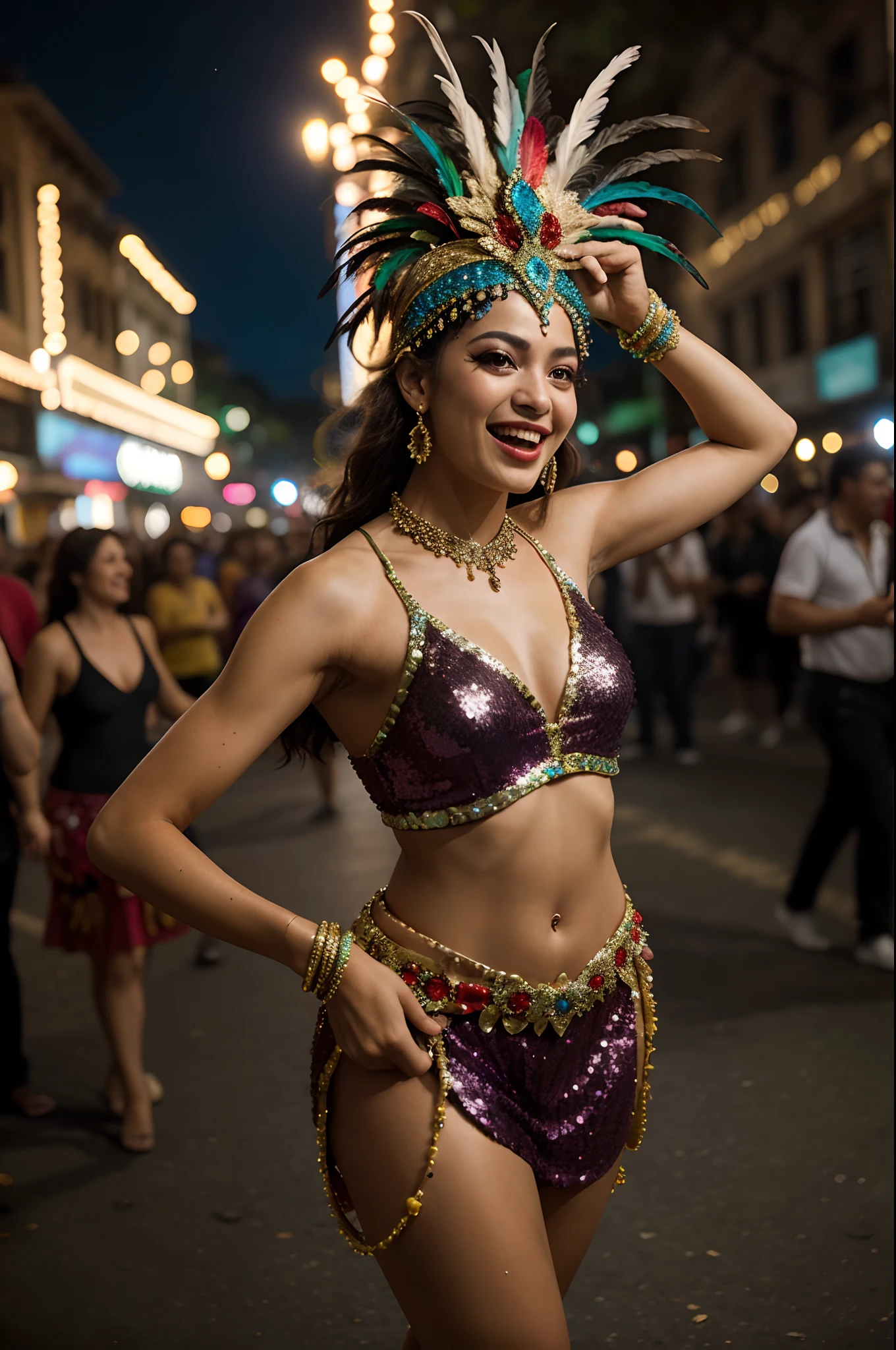 Photorealistic masterpiece, Brazilian carnival dancer, exuberant costume, sequined attire, feathered headpiece, vibrant colors, graceful posture, captivating movement, cultural pride, urban street backdrop, nighttime energy, immersive atmosphere, meticulous detailing, soft and dynamic lighting, 85mm prime lens, Canon EOS 5D Mark IV, wide aperture, HDR enhancement, 4k resolution, inspired by Rio Carnival, emotionally resonant, festive euphoria, genuine expression.