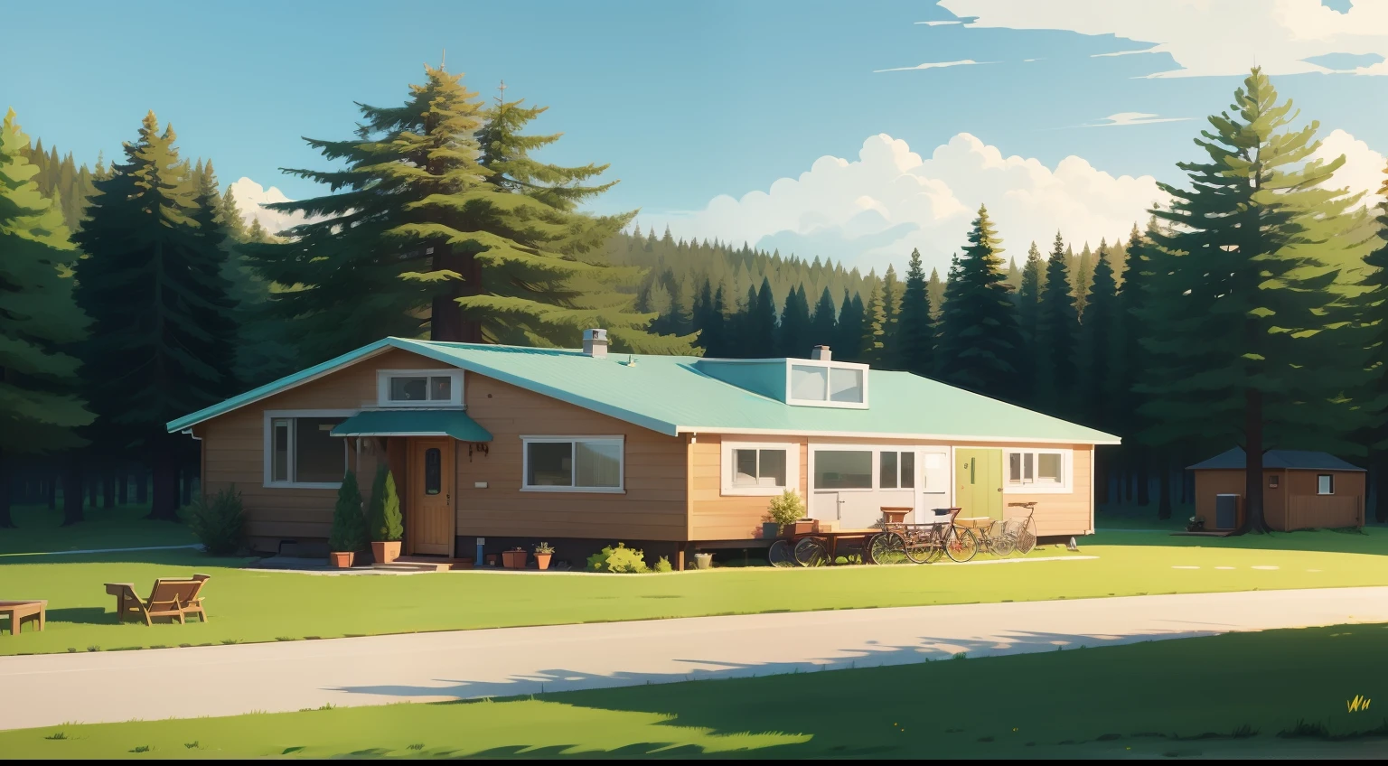 Spruce tree,sunny, colorful, 2D illustration,Vector illustration,high detal, some tiny home behind the trees