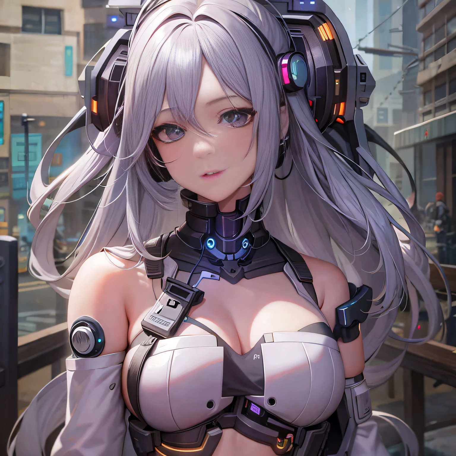1 plump girl, White hair, Long gray hair, A masterpiece of technological clothing, Best quality at best, actual, Endless realism, Dark purple coat, sporty attire, A detailed eye, with headphones on, White blonde hair, 21-year-old girl, Stylish pose, Half a body, wide - angle shot, Have on the street, cyber punk personage，Colossal tits，Huge cleavage