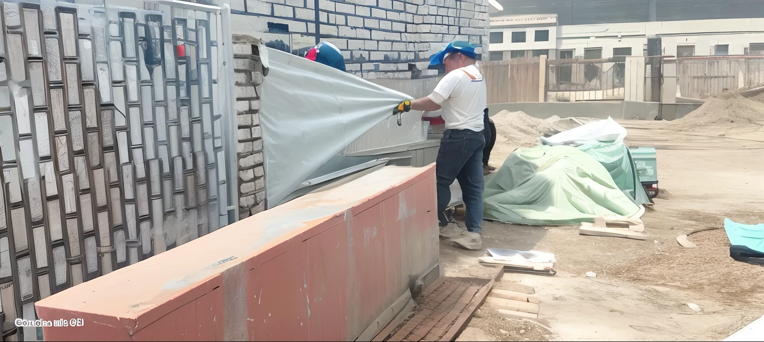 Put red hard hats on the workers working in the picture