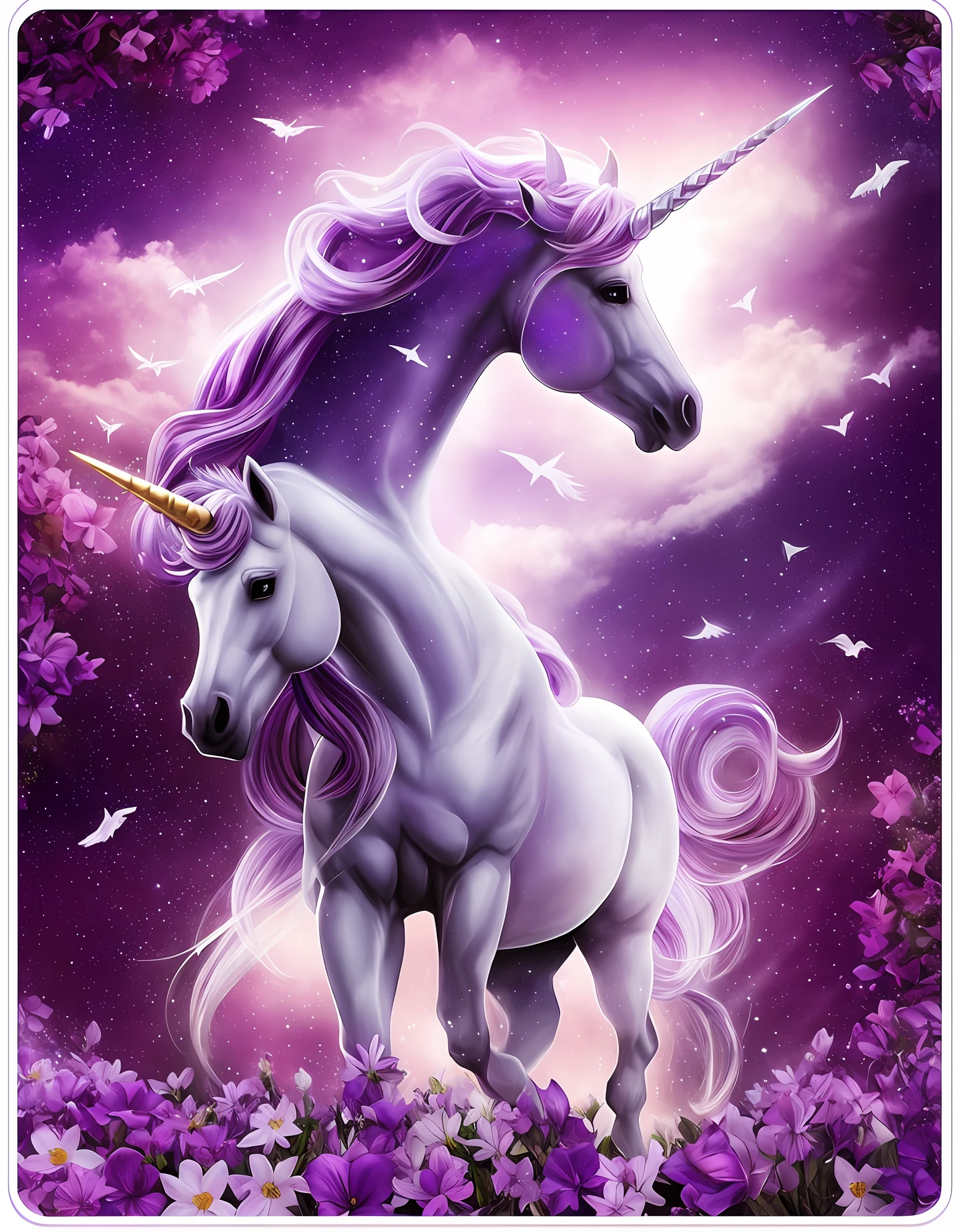 Unicorn in flower field on purple sky background, unicorns, unicorn, unicorn flying in the sky, white unicorn, mythological creatures, A unicorn, magic fantasy highly detailed, mythological creatures, Riding a unicorn, beautiful fantasy, Magical and mysterious, majestic horses, woman riding a flying unicorn, Awesome, Keanu Reeves rides a unicorn, fantasy highly detailed, ( Ultra photo realsisim