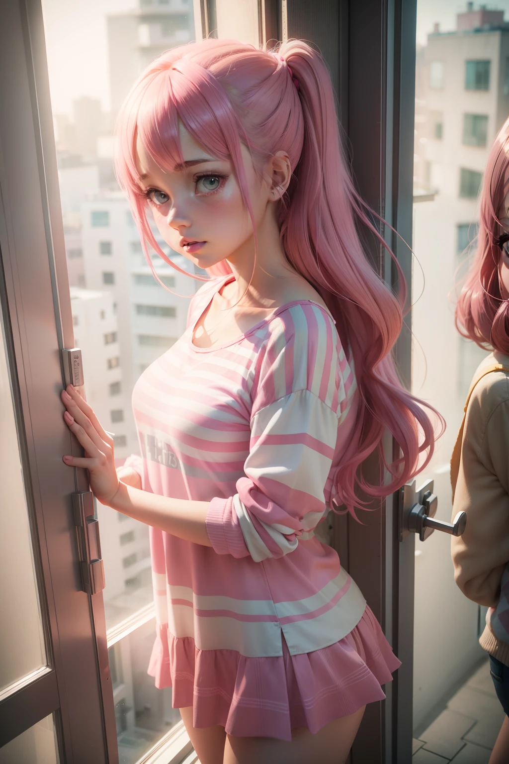 Cartoon girl in pink and white striped top looks out the window, Realistic 3D anime style, Realistic art style, 3D Anime style, Wavy, Photorealistic art style, Urban girl Fan art, Random pose, Character is in his natural pose, Realistic 3D style, Super detailed render, Cute 3D Anime Render girls, Cute 3D render