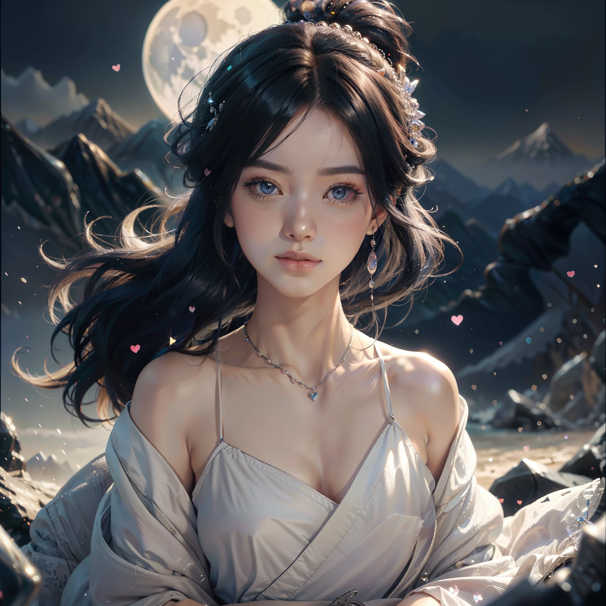watching at viewers、moon in background、poneyTail、Woman with shiny black hair、Gorgeous white kimono、Depict a beautiful and graceful woman of Japan。Heart in the eye。full body Esbian。 beautiful anime artwork, beautiful anime art, Anime art wallpaper 8k, beautiful fantasy anime, Beautiful anime, Detailed anime artwork.Blur background、hair bobbles, longeyelashes, solid circle eyes, light smile, ear blush, colored inner hair, ponytail, hairband, crescent hair ornament, mismatched pupils, licking lips, Surrealism, drop shadow, anaglyph, stereogram, tachi-e, pov, atmospheric perspective, chiaroscuro, blurry, sparkle, Realism, first-person view, wide shot, 8k, super detail, ccurate, best quality, UHD, retin、