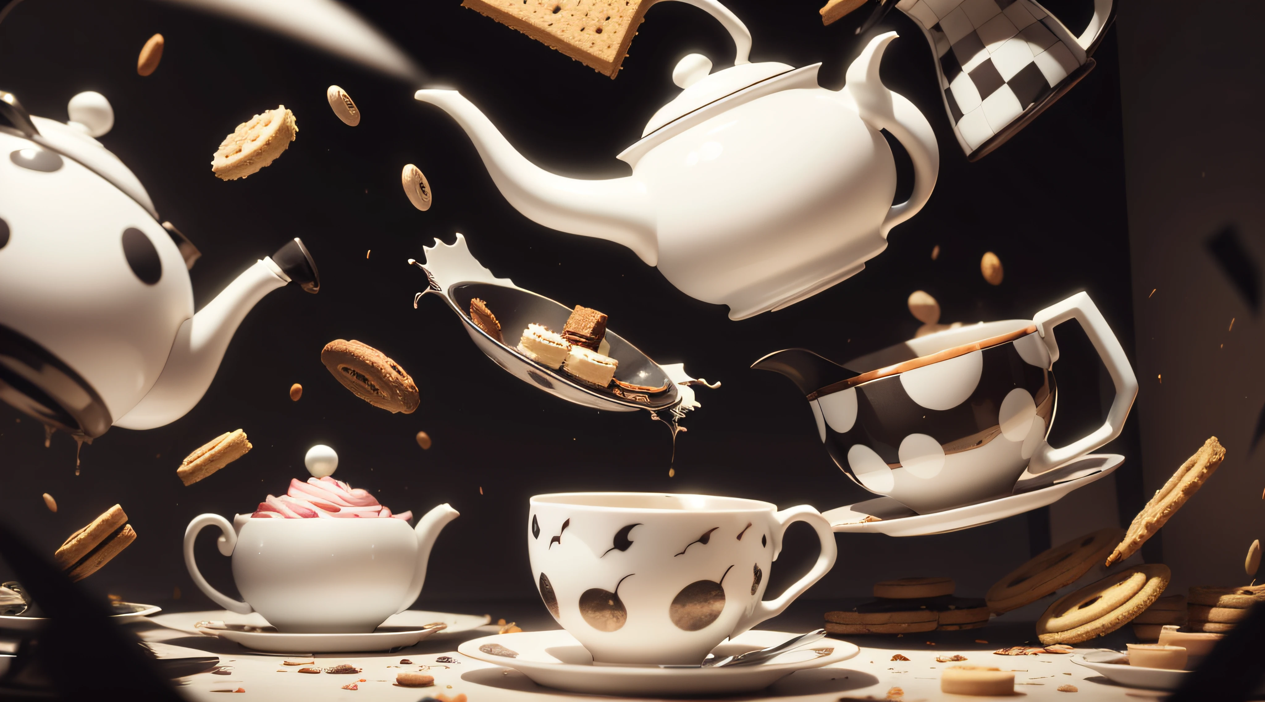 no people, crazy tea party, abstract pieces of colors, black and white, chaos pieces, distorted, many tea cups and biscuits and spoons flying around