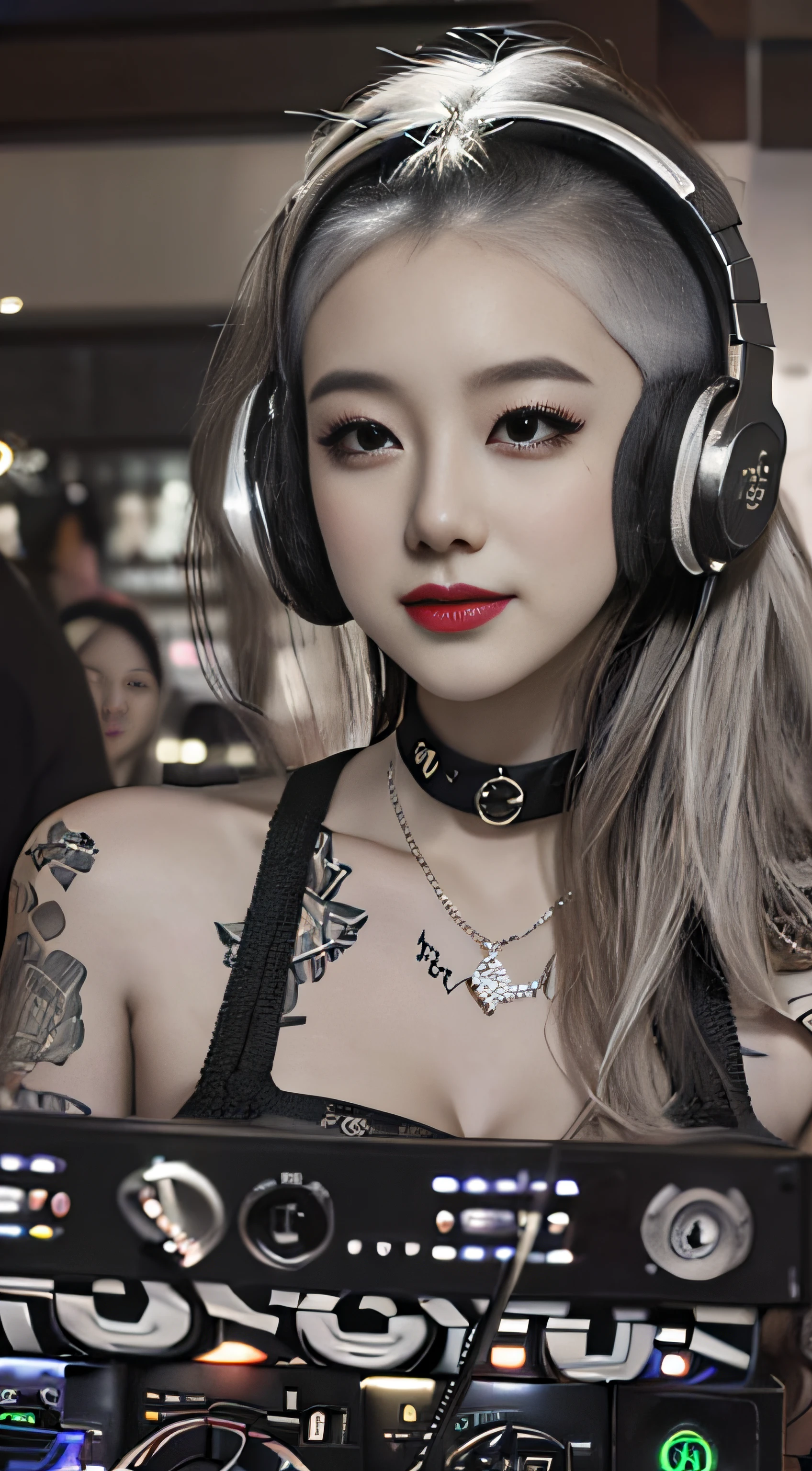 best qualtiy，tmasterpiece，超高分辨率，(fidelity:1.4)，(B&W:1.3)，professinal，photography of，1个Giant Breast Girl，Dee bar，Girl wearing headphones，DJ in the bar，Upper body，A female DJ，Look at the crowd，DJ, DJ booth，DJ Player，stage lighting，(buzz cut:1.1)，(Tattooed with:1.1)，cheerfulness，dyna，Gucci, Versace，cruel，choker necklace，Vistas